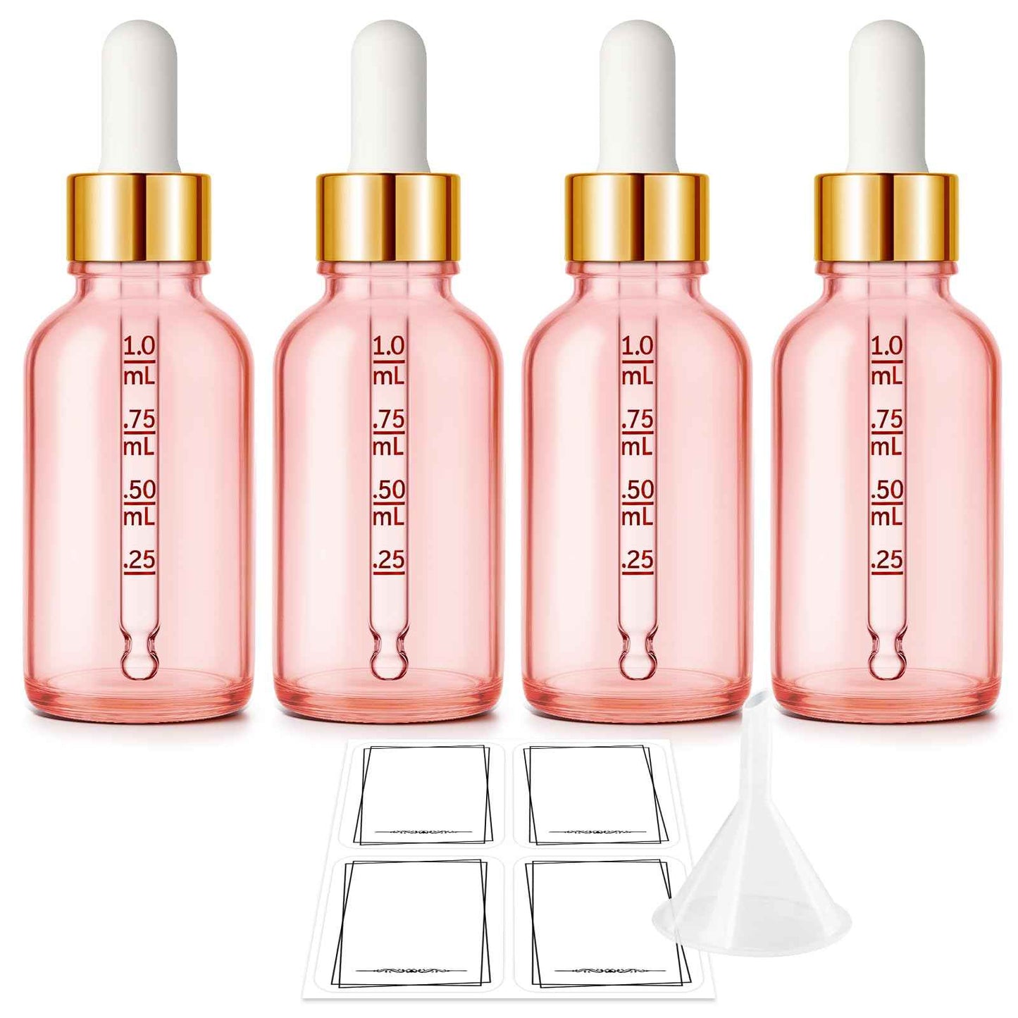 Bumobum 1 oz Dropper Bottle, Pink Glass Dropper Bottle with Glass Measured Dropper & Golden Cap, Empty Eye Tincture Bottles with Funnel & Labels for Essential Oils Serums Tavel Liquids, 4 Pack