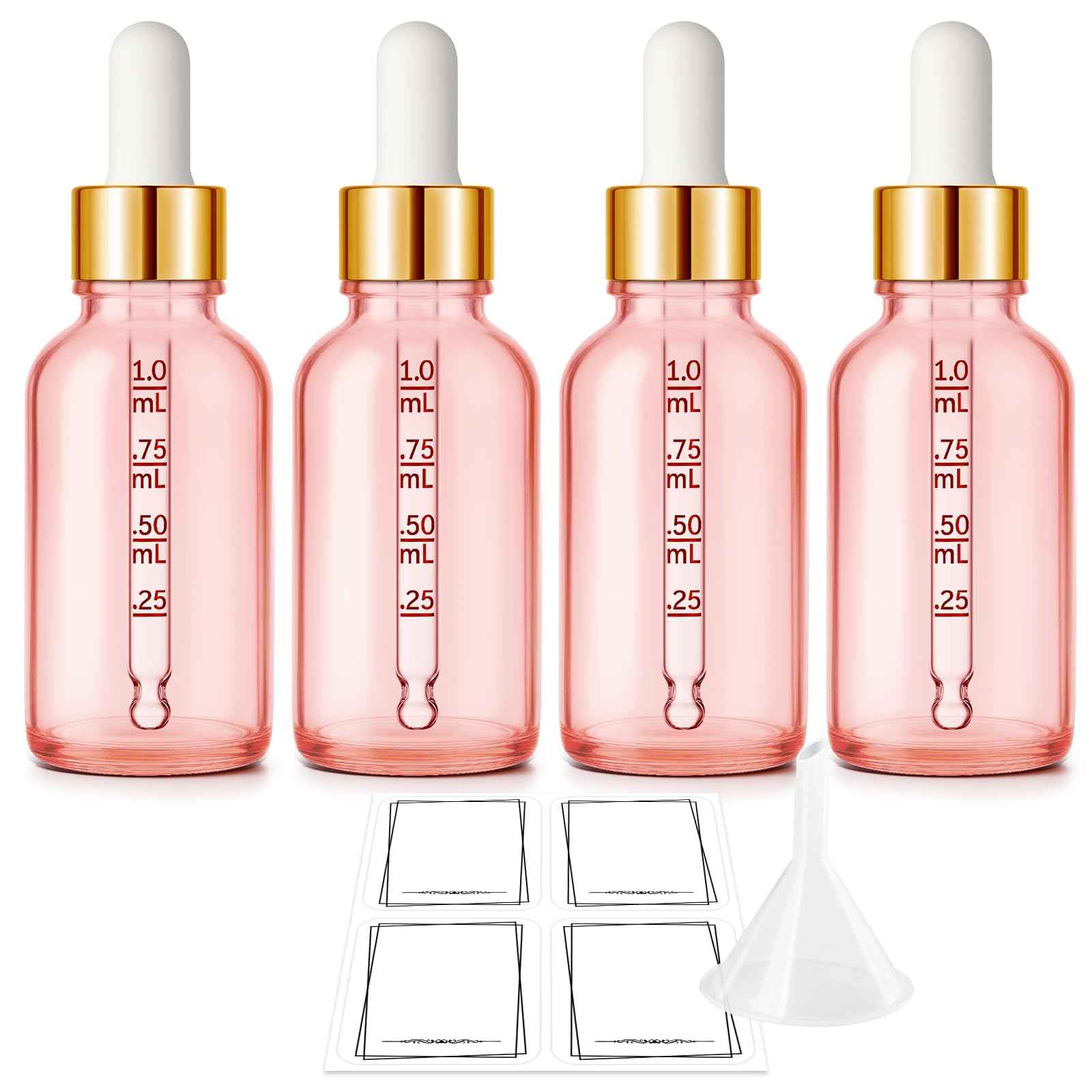 Bumobum 1 oz Dropper Bottle, Pink Glass Dropper Bottle with Glass Measured Dropper & Golden Cap, Empty Eye Tincture Bottles with Funnel & Labels for Essential Oils Serums Tavel Liquids, 4 Pack