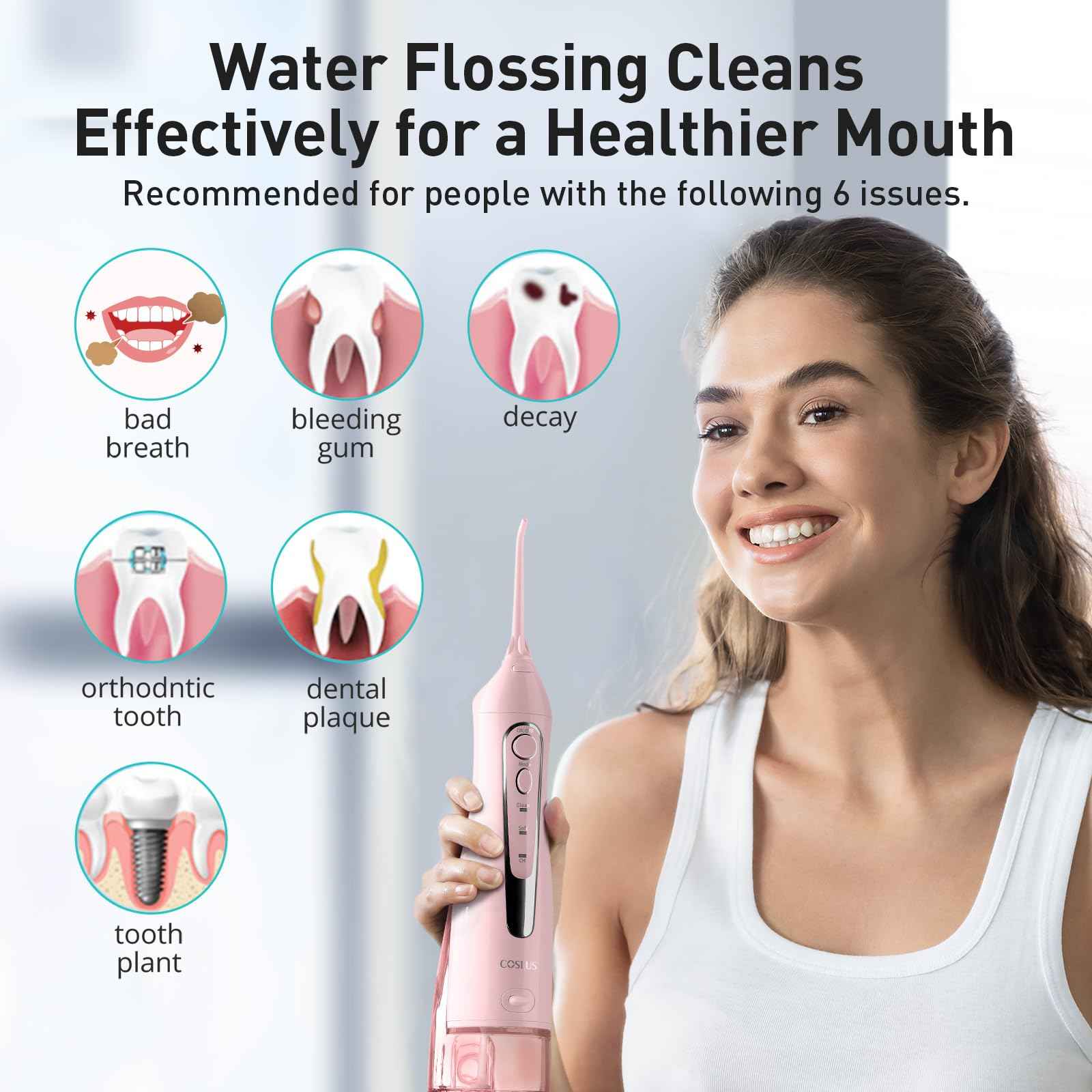 COSLUS Water Dental Flosser Teeth Pick: Portable Cordless Oral Irrigator 300ML Rechargeable Travel Irrigation Cleaner IPX7 Waterproof Electric Flossing Machine for Teeth Cleaning C20(F5020E) Pink