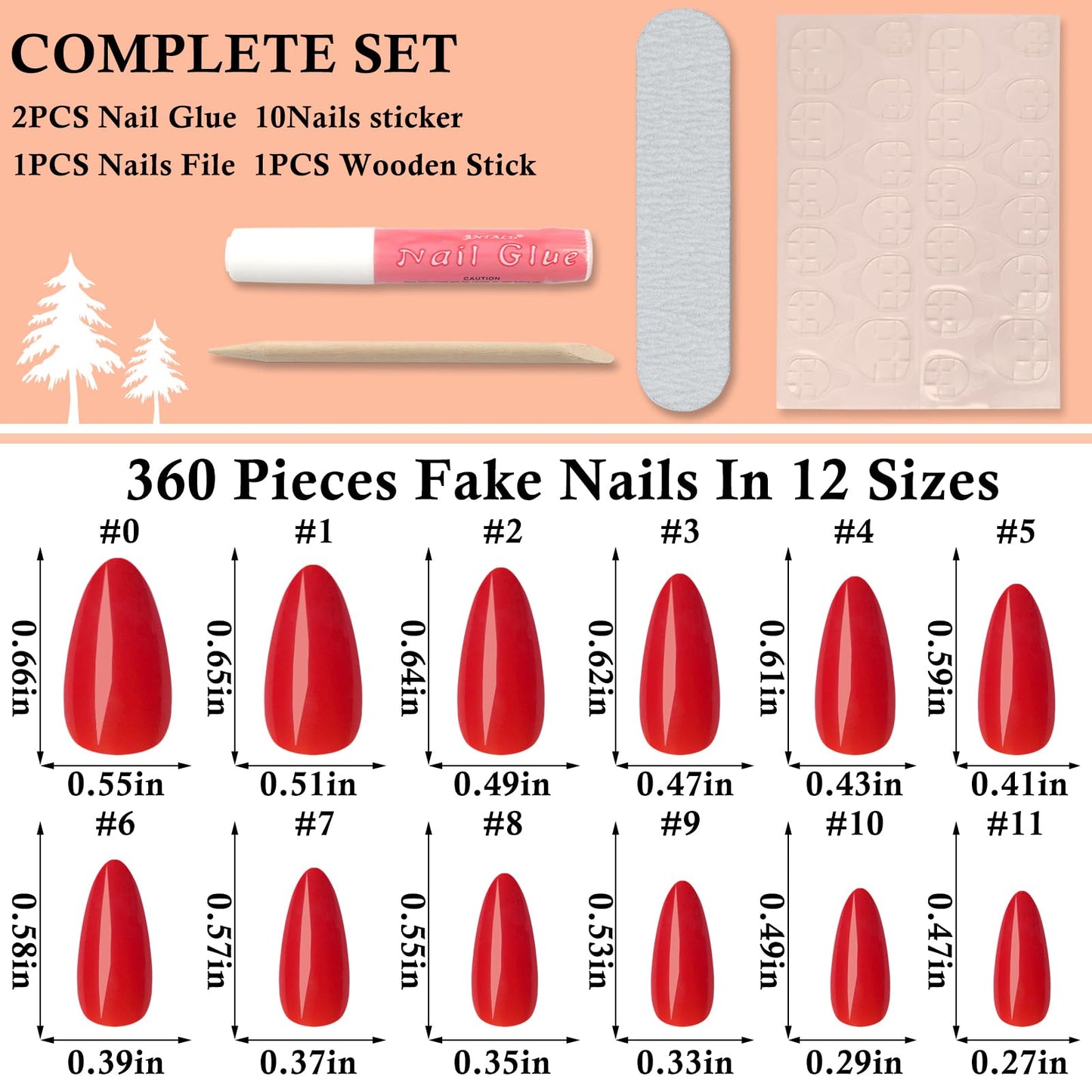 LoveOurHome 360pc Almond Press on Nails Medium Fake Nails Christmas Almond Nail Tips Full Cover Fase Nail Red Acrylic Nails Press ons Nail Almond Fingernail with Glue Adhesive Tabs for Women Girls