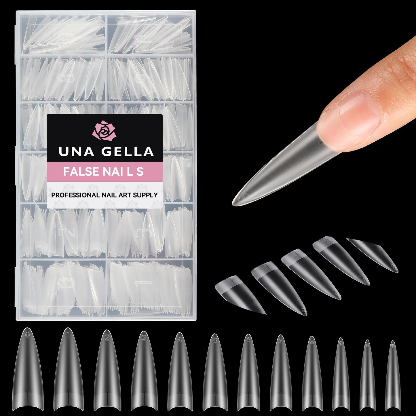 UNA GELLA Extra Long Stiletto Fake Nails 504pcs Double Side Pre-shape Gel Acrylic XL Nail Tips for Half Cover Nail Extension Home DIY Nail Salon 12 Sizes Gelly Tips