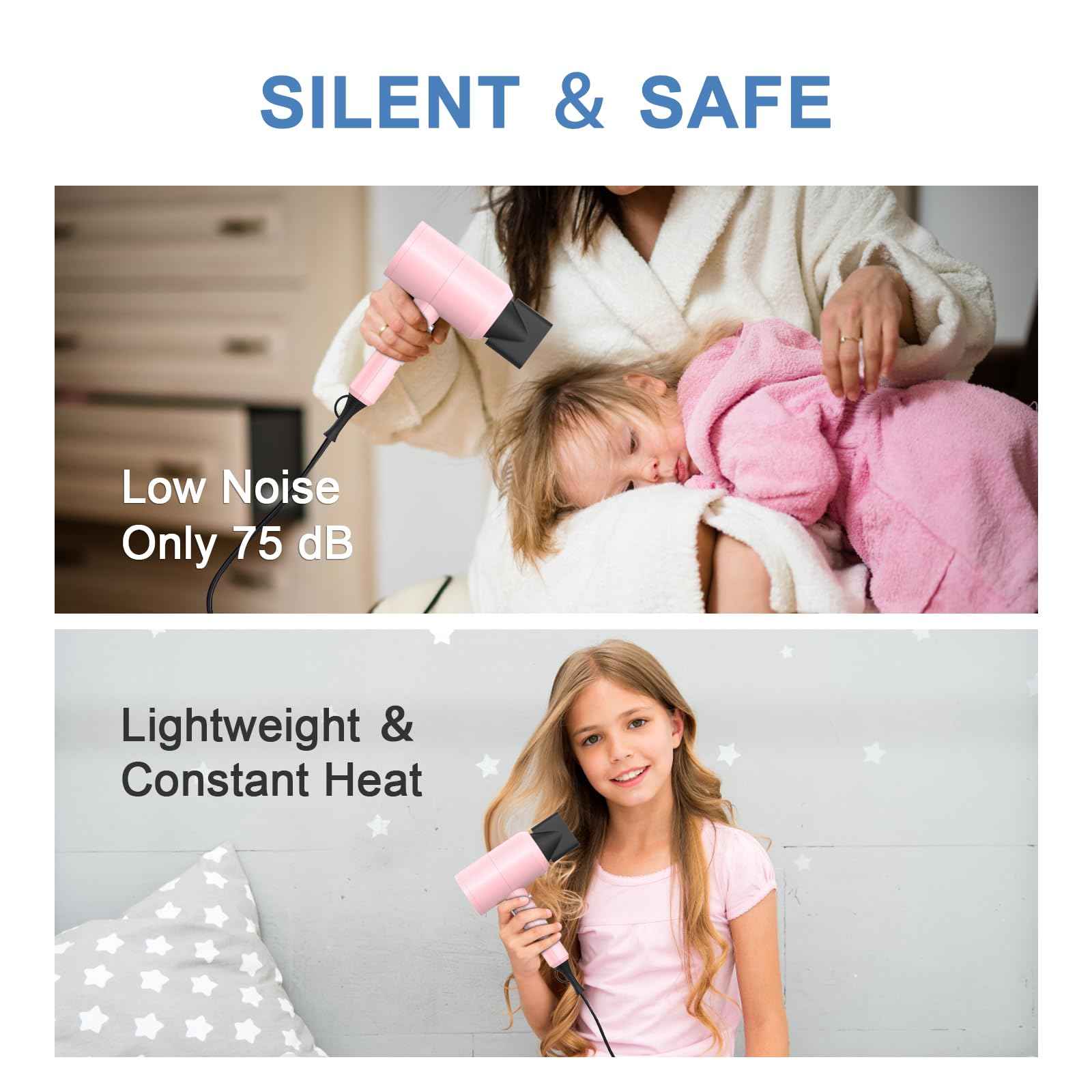 slopehill Professional Ionic Hair Dryer, Powerful 1800W Fast Drying Low Noise Blow Dryer with 2 Concentrator Nozzle 1 Diffuser Attachments for Home Salon Travel (Pink)