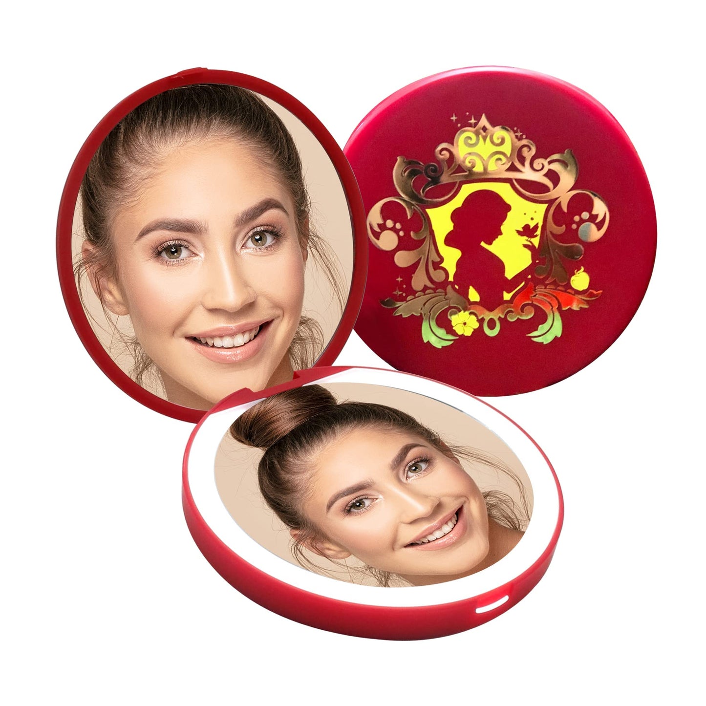 Impressions Vanity Disney Princess Snow White Compact Mirror with LED Light, Round Lighted Vanity Makeup Mirror with USB and Folding Magnify Top Glass