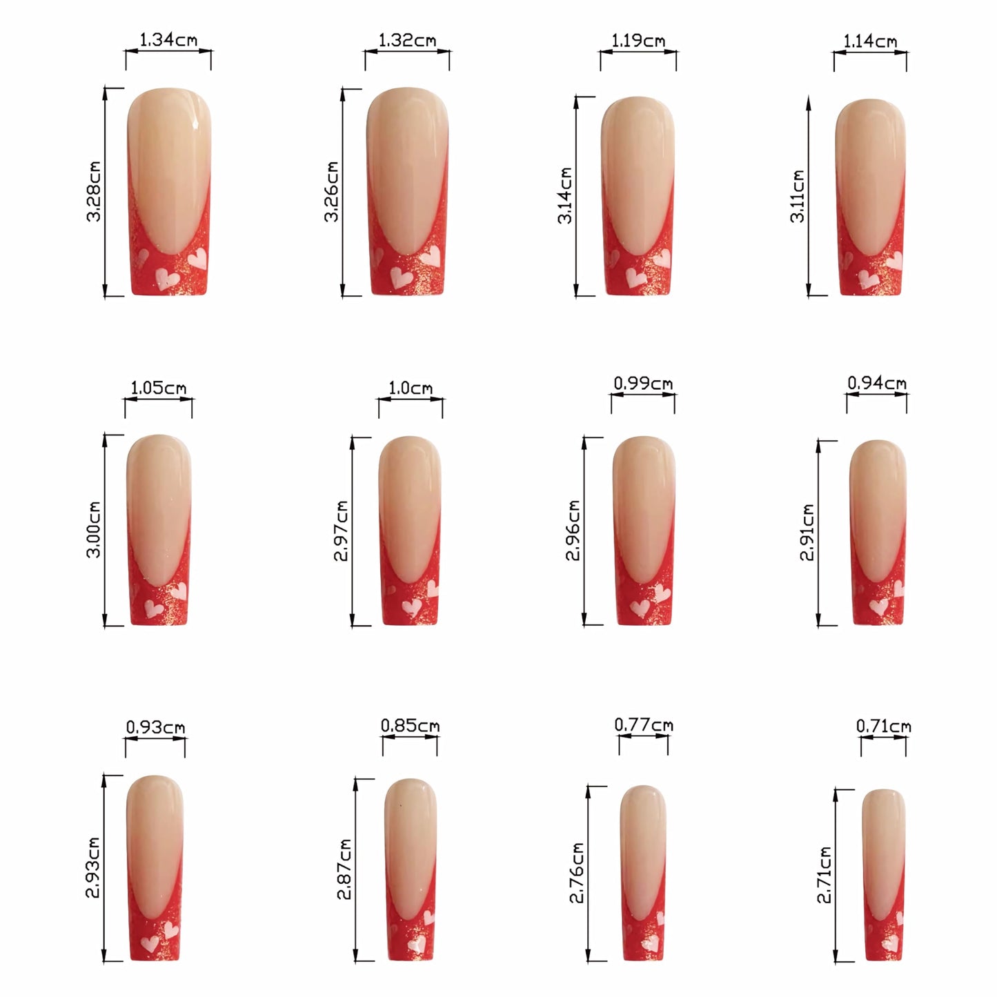 BABALAL Heart Press on Nails Long Square Fake Nails Red Chrome French Tip Glue on Nails Design Glitter Shiny Acrylic Nails 24Pcs Squoval Manicure False Nails for Women and Girls