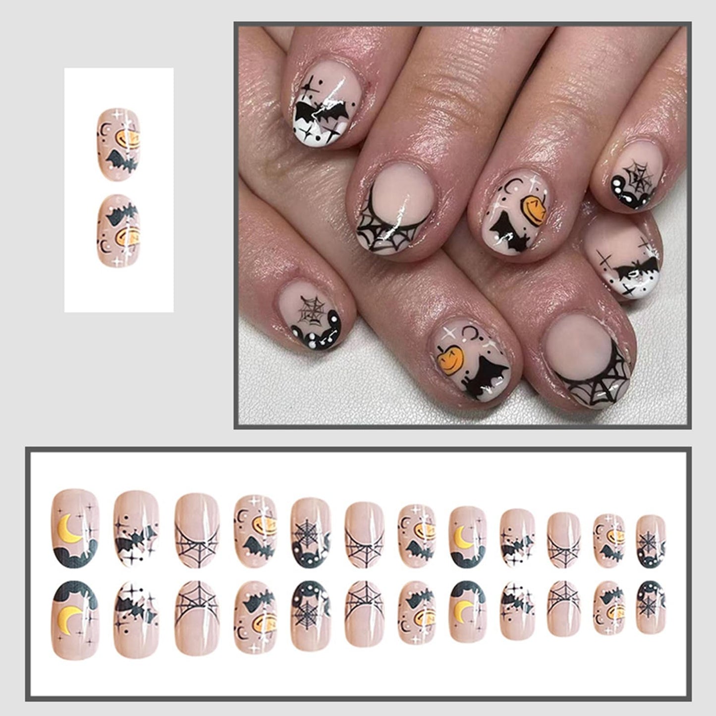 24Pcs Halloween Press on Nails Short Almond Black Fake Nails Full Cover Cute Pumpkin Spider Web False Nails with Bat Star Moon Designs Artificial Acrylic Nails Glossy Glue on Nails for Women Girls