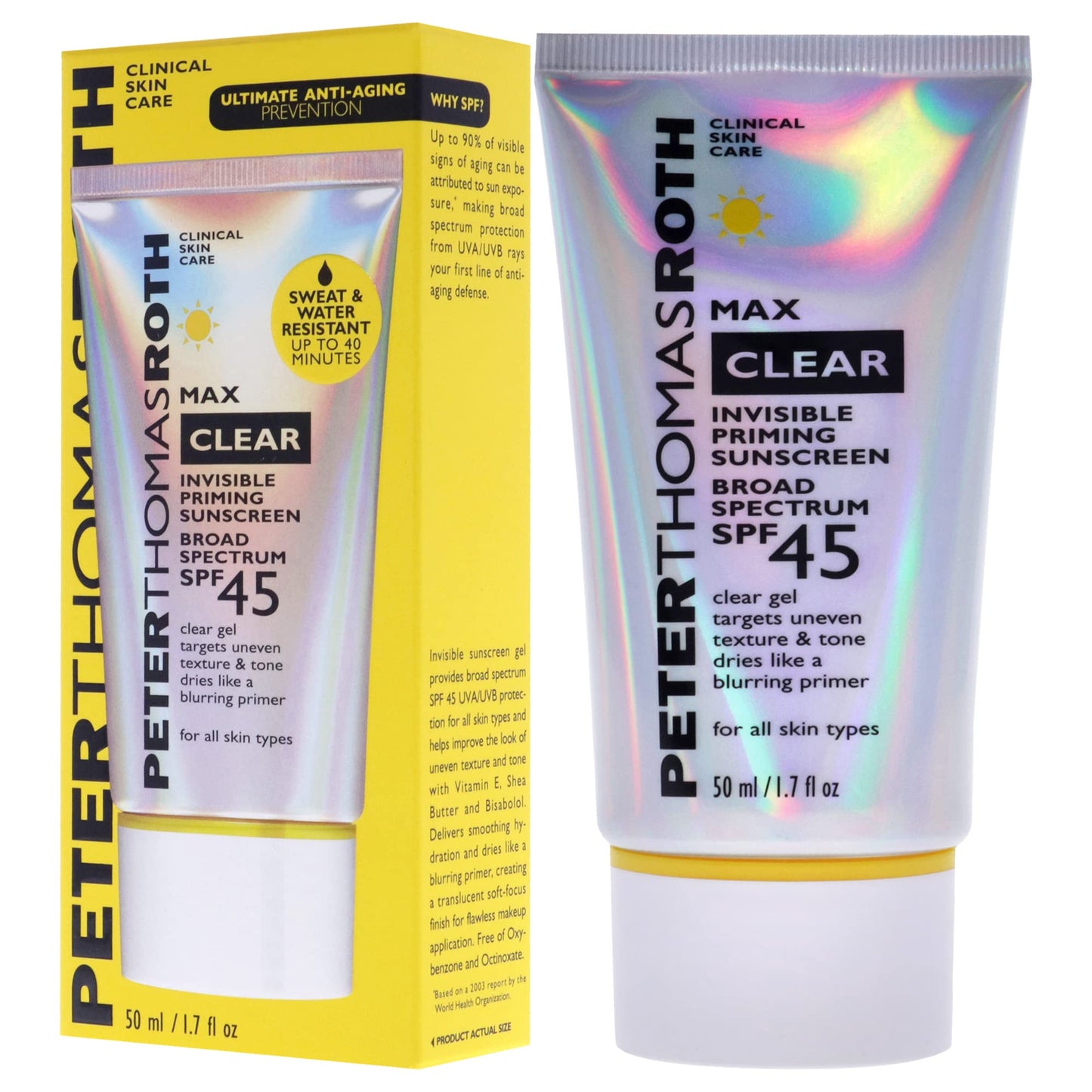 Peter Thomas Roth | Max Clear Invisible Priming Sunscreen Broad Spectrum SPF 45 | Makeup Primer with SPF, Water-Resistant Sunscreen Gel with Silky Finish, 1.7 fl. oz.