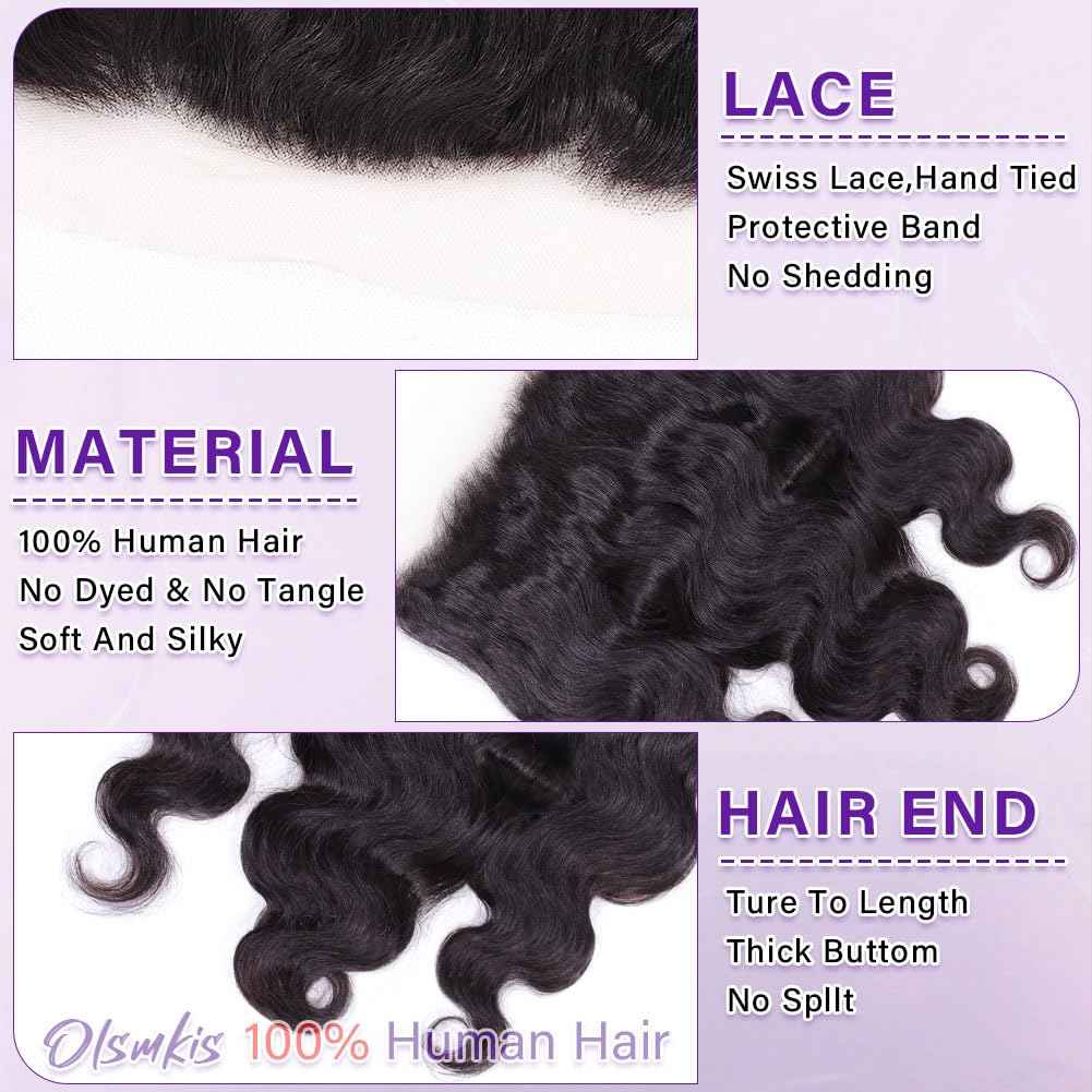 Olsmkis Body Wave HD Lace Frontal 13x4 14 Inch Ear to Ear Transparent Lace Front Closure 100% Unprocessed Brazilian Virgin Human Hair 13 x 4 Pre Plucked with Baby Hair 180% Density Natural Black