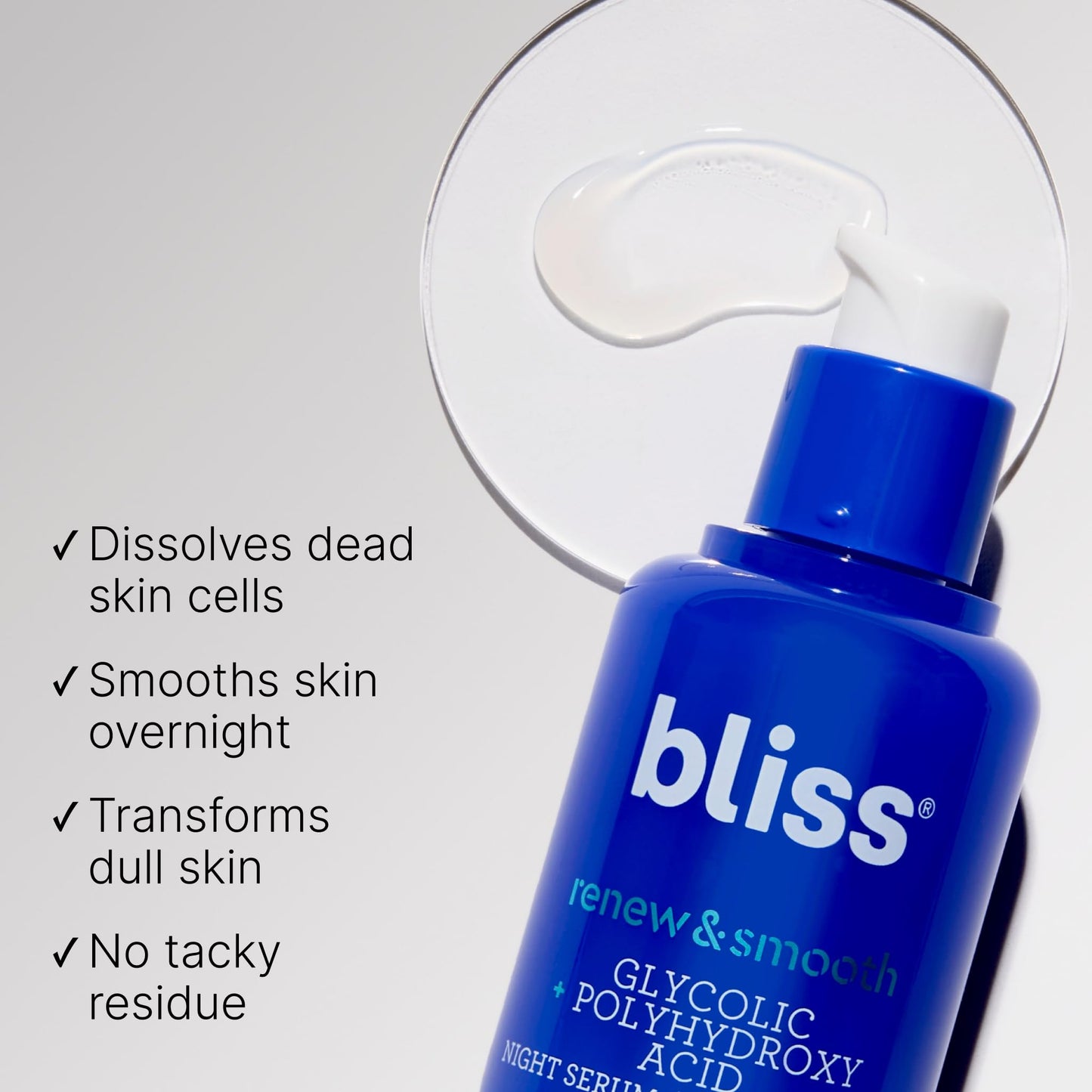 Bliss Renew & Smooth Night Face Serum | Resurfacing Treatment with Glycolic Acid and AHA Glycolic + Polyhydroxy Acid | for Smoother, Brighter Skin | Vegan & Cruelty-Free Exfoliating Serum | 1 Fl Oz