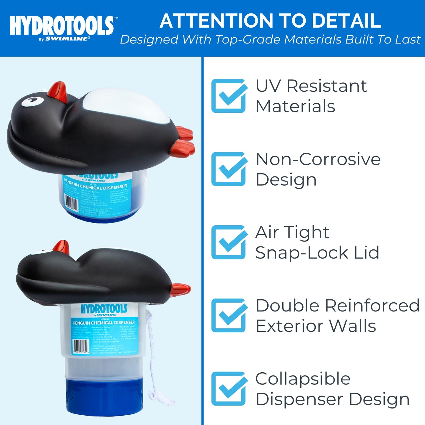 SWIMLINE HYDROTOOLS 87281 Penguin Large Capacity Pool & Spa Chemical Dispenser | Compatible With Bromine & Chlorine Supports 1-3’’ Tablets | Adjustable For Customizable Flow Rate | Cost Effective