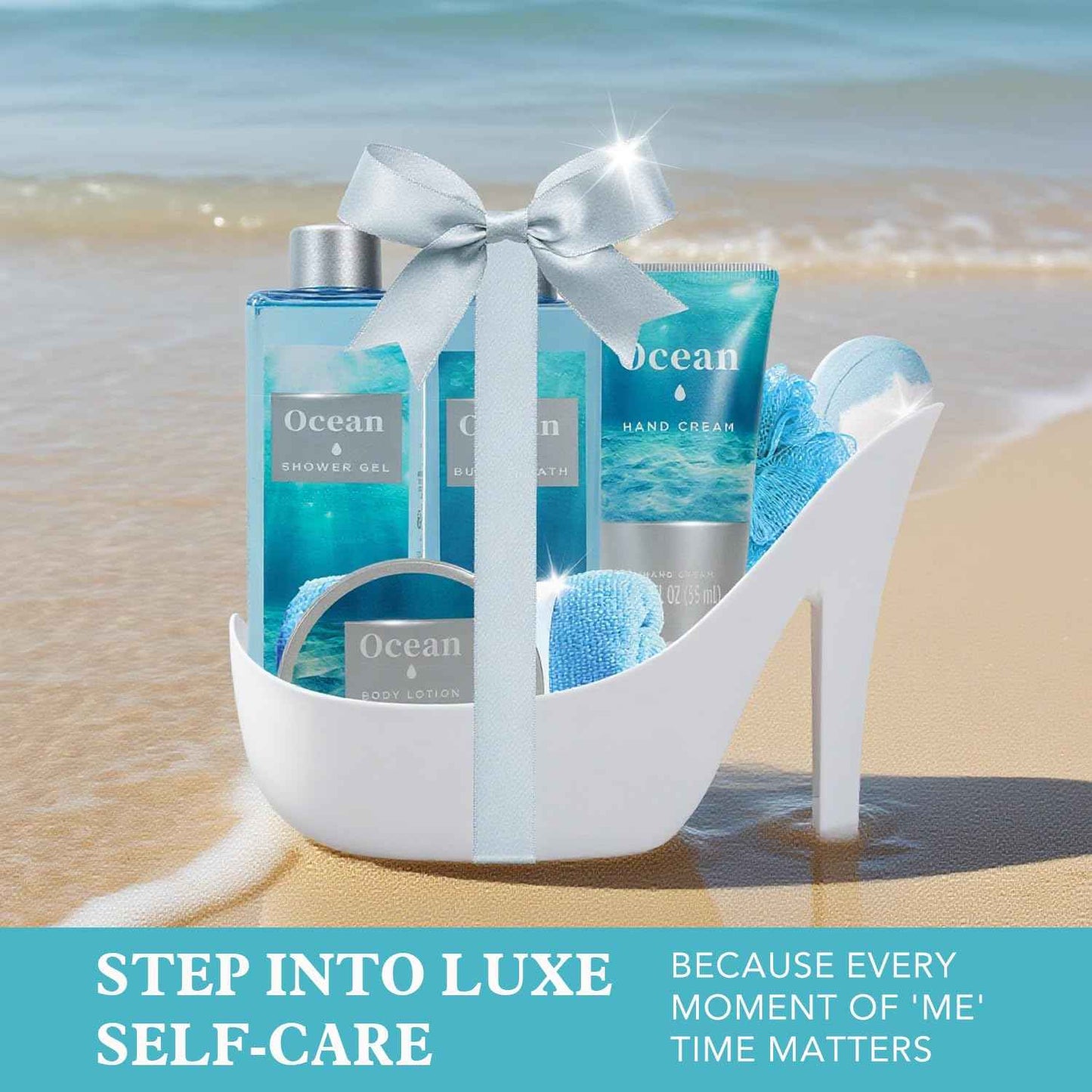 Ocean Bliss Christmas Gifts for Women Spa Basket, High Heel Bath Set with Sea Salt Scrub & Refreshing Gel, Birthday, Anniversary Gifts for Her, Best Friend, Sister