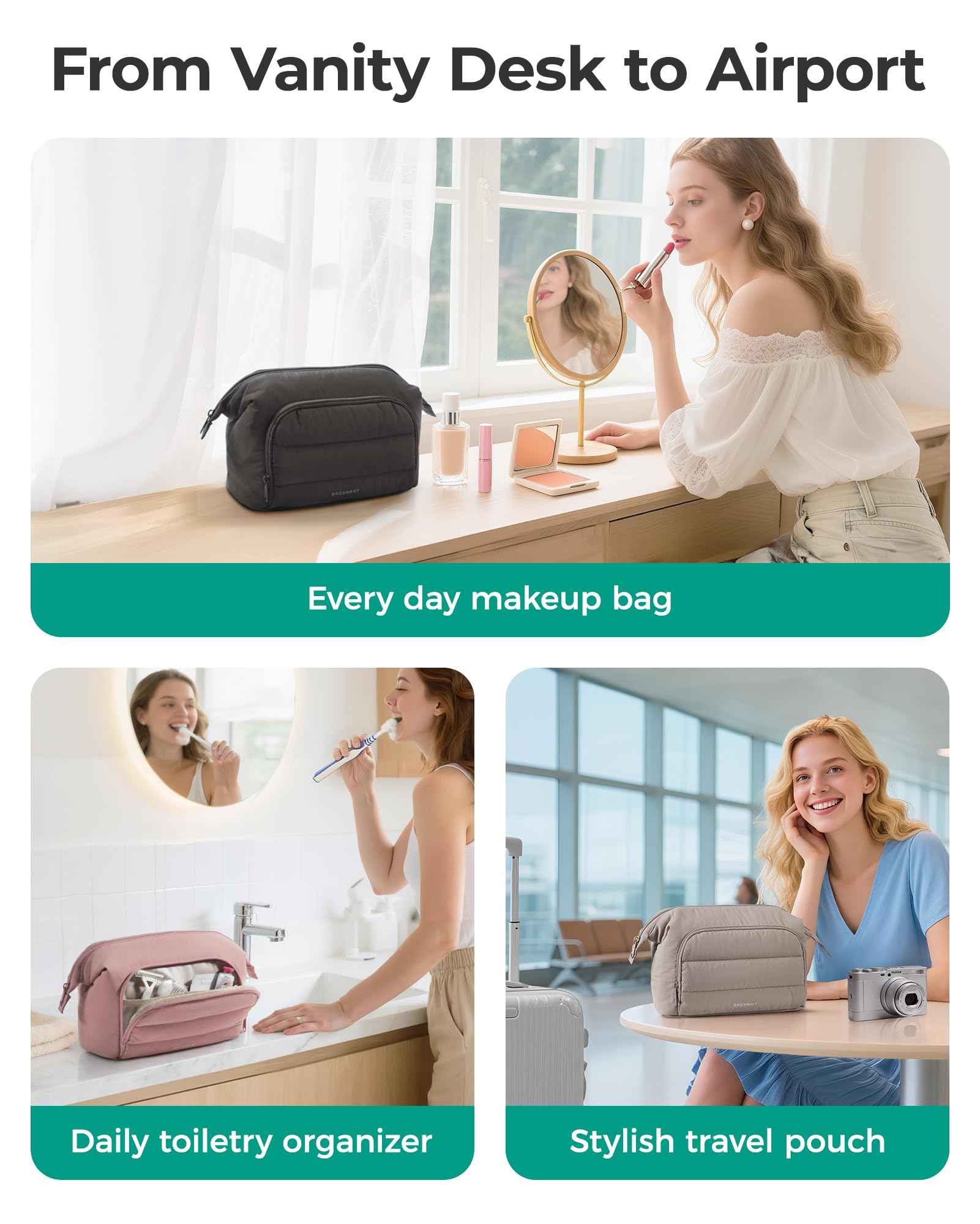 BAGSMART Makeup Bag Travel Toiletry Bag, Puffy Padded Make Up Bags for Women, Makeup Organizer Wide-open Pouch Purse, Travel Essentials for Toiletries Accessories Brushes, Pink