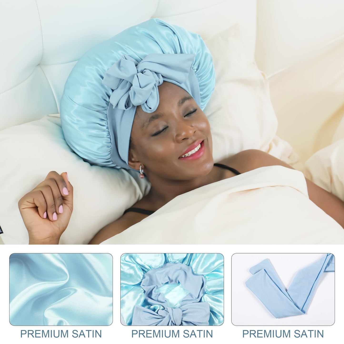 IPEIPBO Large Satin Silk Bonnet for Sleeping Women Double Layer Sky Blue