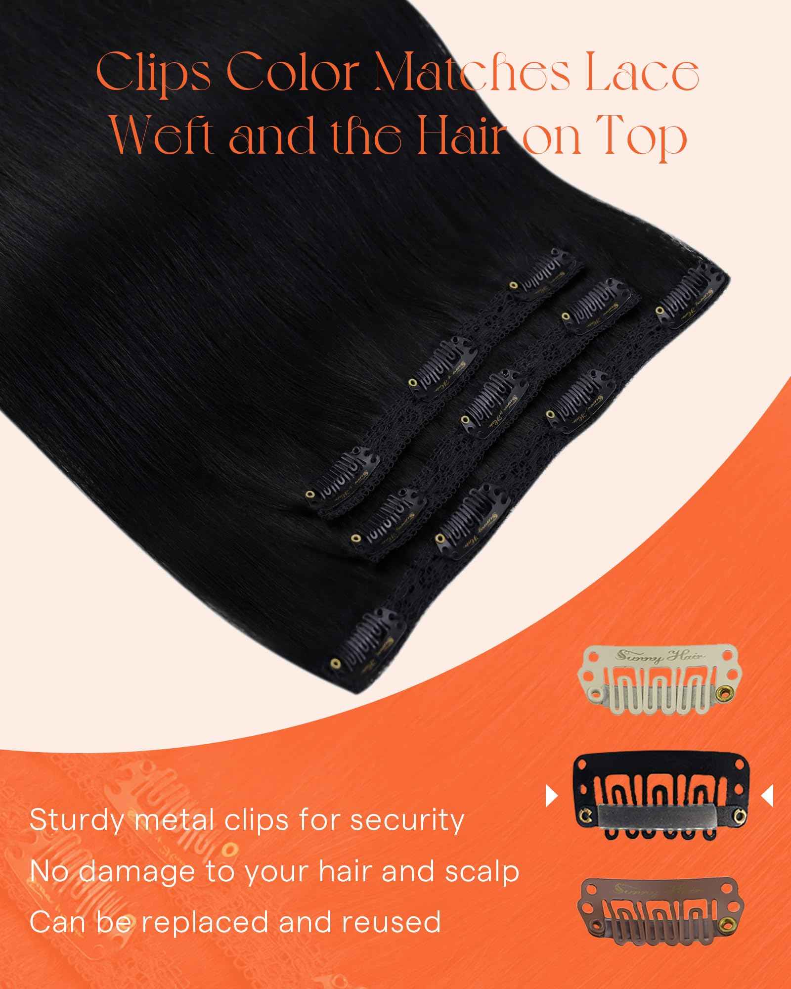 Sunny Hair Clip in Hair Extensions Straight Human Hair Clip in Extensions Remy Clip in Hair Extensions Real Human Hair Extensions Clip ins Jet Black Color 1 for Women 14inch