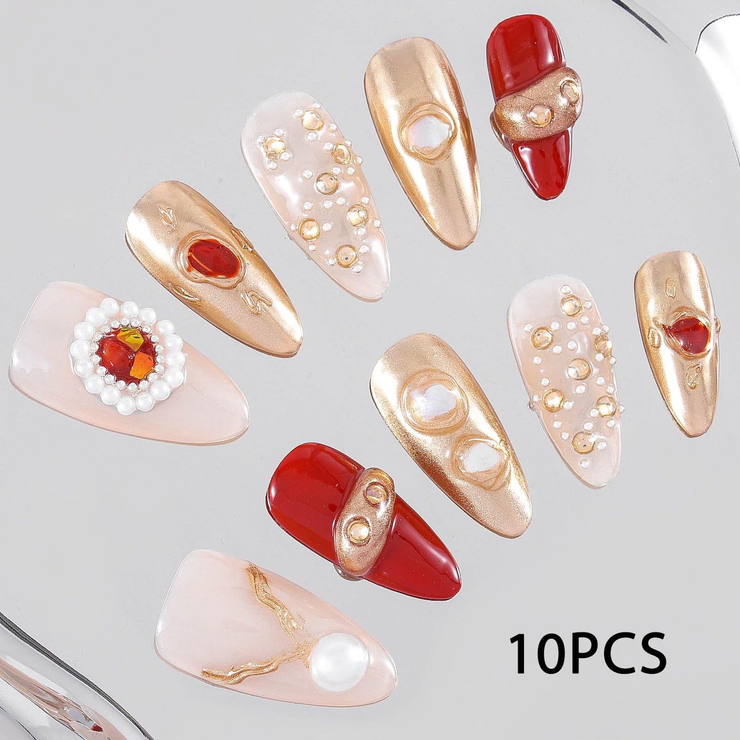 Sethexy Gold Handmade Press On Nails Long Almond Luxury False Nails with Design Acrylic Glossy Pearl Fake Nails Salon Nail for Women and Girls 10PCS (Gold)