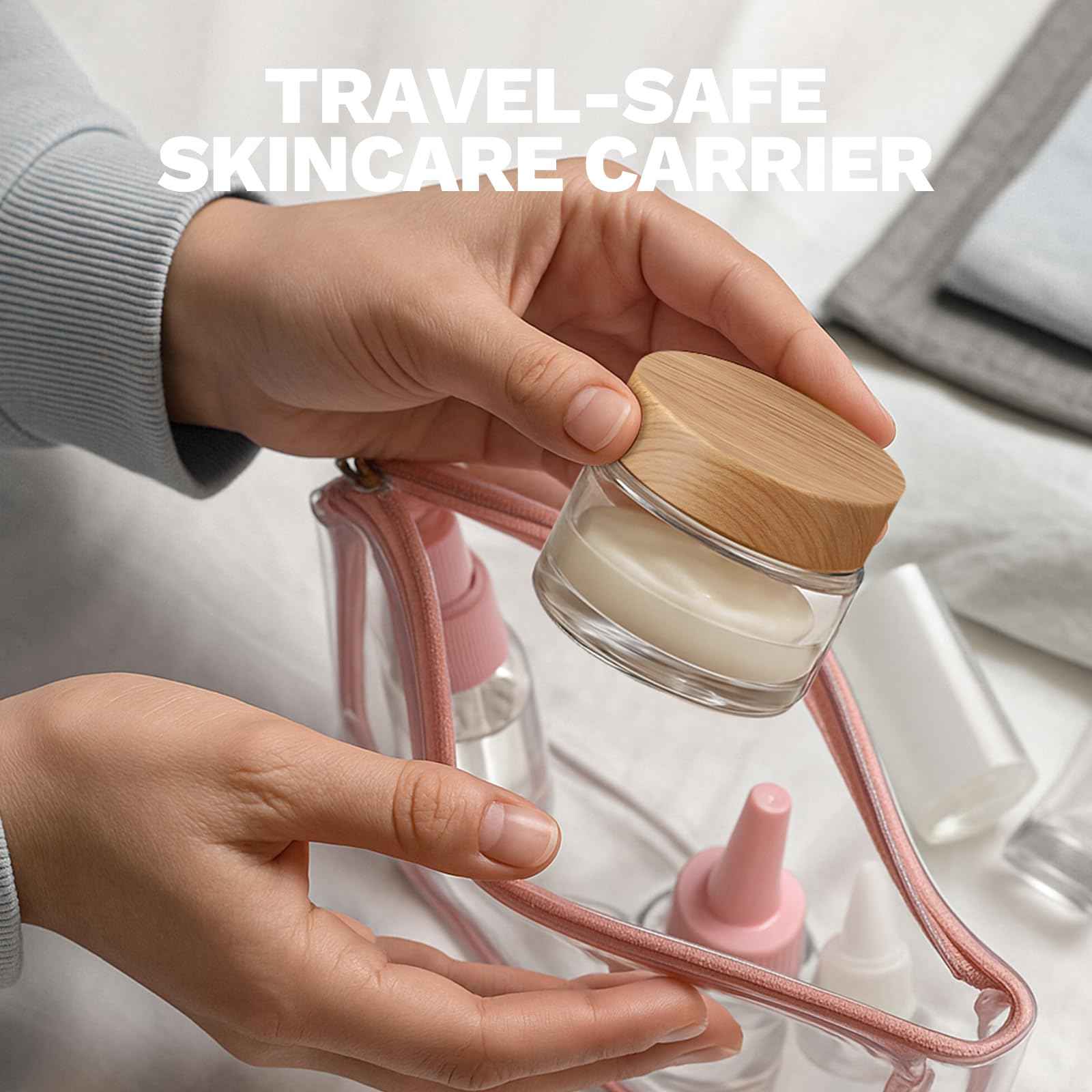 Bumobum 6-Pcs Glass Cosmetic Jars with Plastic Wood-Grain Lids – Refillable Travel Jars for Creams, Lotions, Skincare & DIY (15ml/30ml/50ml)