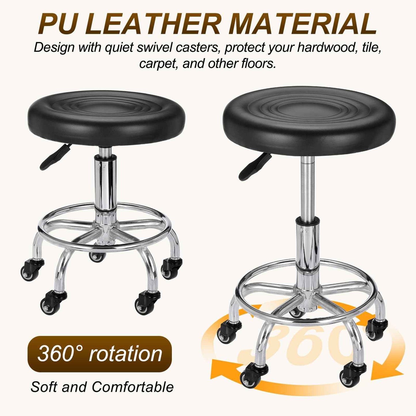 PATIKIL Adjustable Height Rolling Stool with Wheels, PU Leather Round Rolling Desk Stool for Tattoo Massage Salon Spa Salon Teach Facial Office, Black