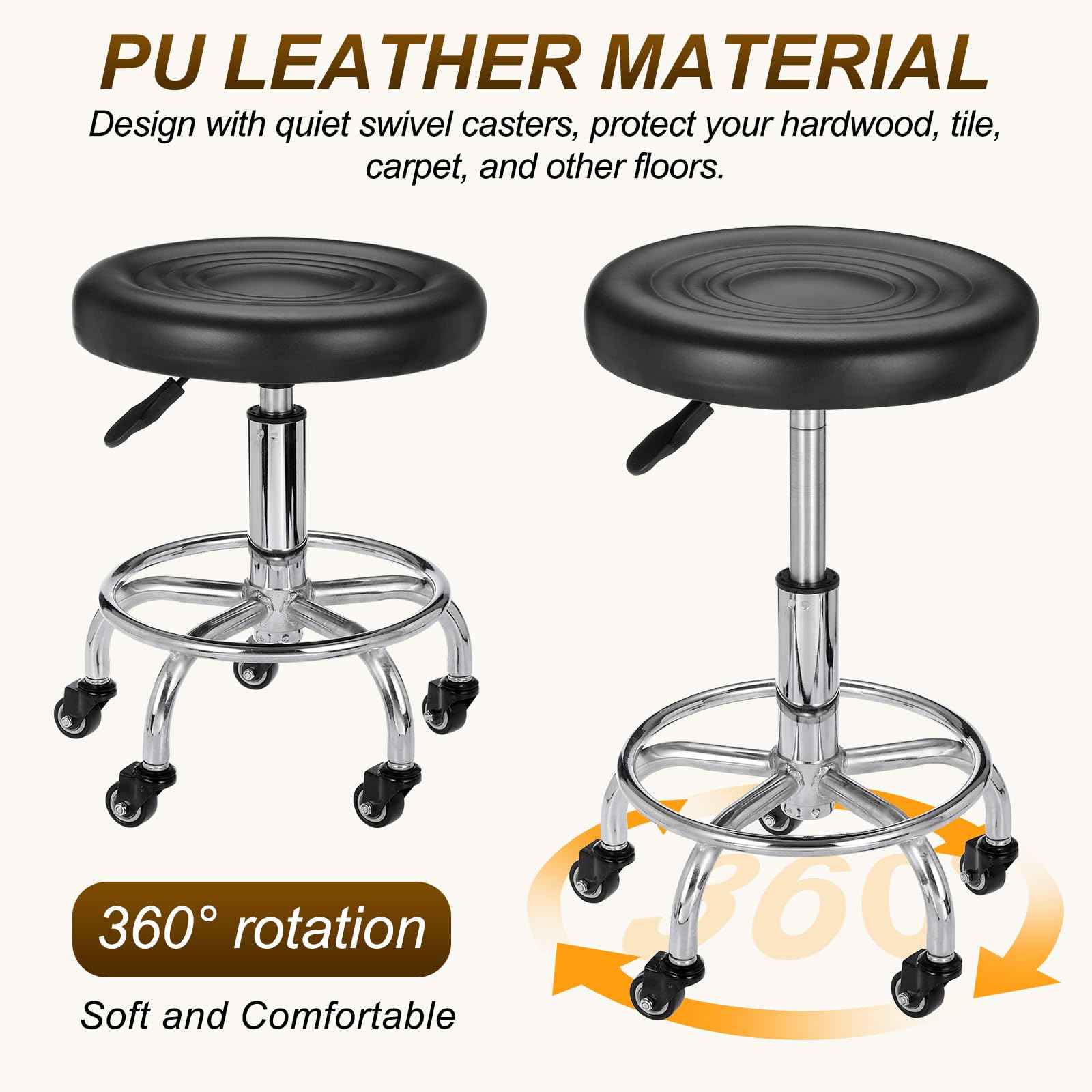 PATIKIL Adjustable Height Rolling Stool with Wheels, PU Leather Round Rolling Desk Stool for Tattoo Massage Salon Spa Salon Teach Facial Office, Black