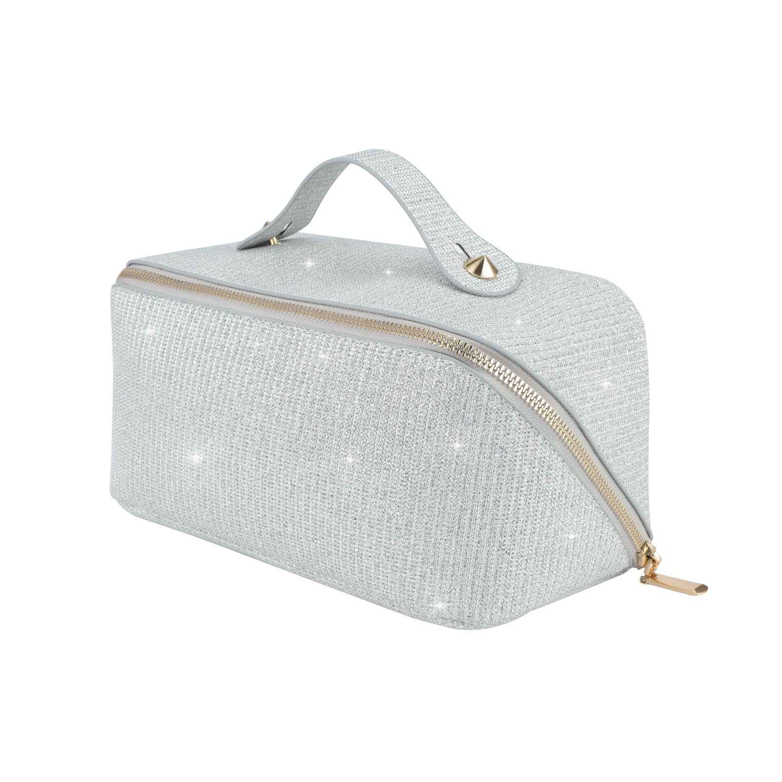 KEYPOWER Large Capacity Glitter Sequin Cosmetic Bag Travel Makeup Bag Sparkly and Shiny Portable Toiletry Bag with Handle for Women (Silver)
