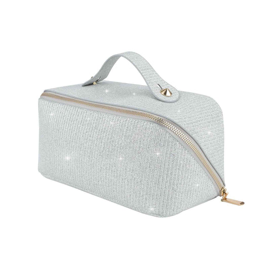 KEYPOWER Large Capacity Glitter Sequin Cosmetic Bag Travel Makeup Bag Sparkly and Shiny Portable Toiletry Bag with Handle for Women (Silver)