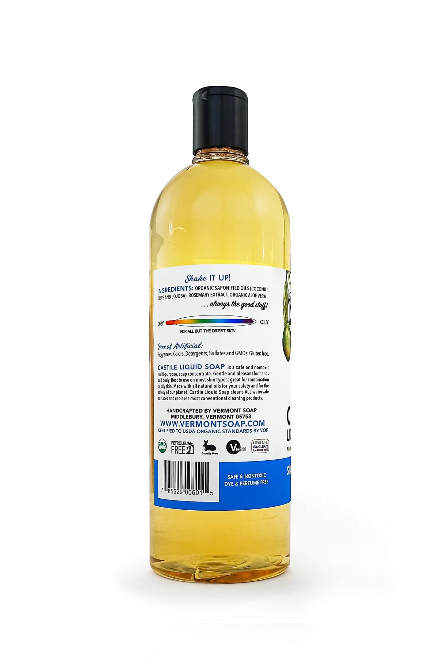 Vermont Castile Unscented Gentle Liquid Soap for Sensitive Skin, Natural Body Wash, Organic Hair Shampoo for Oily Hair, Aloe for Men & Women - 33.8 Oz