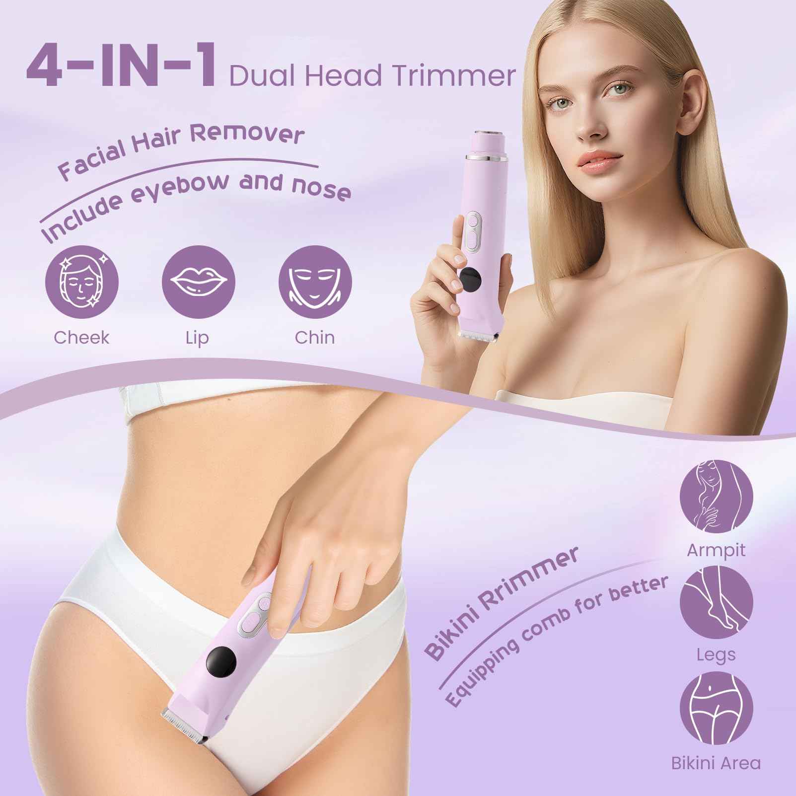 Bikini Trimmer for Women, Upgraded 2-in-1 Electric Razors for Women with 2 Replaced Blades and LED Light, Wet & Dry Use Electric Shaver Support 90 Mins Runtime for Face & Body & Intimate Areas