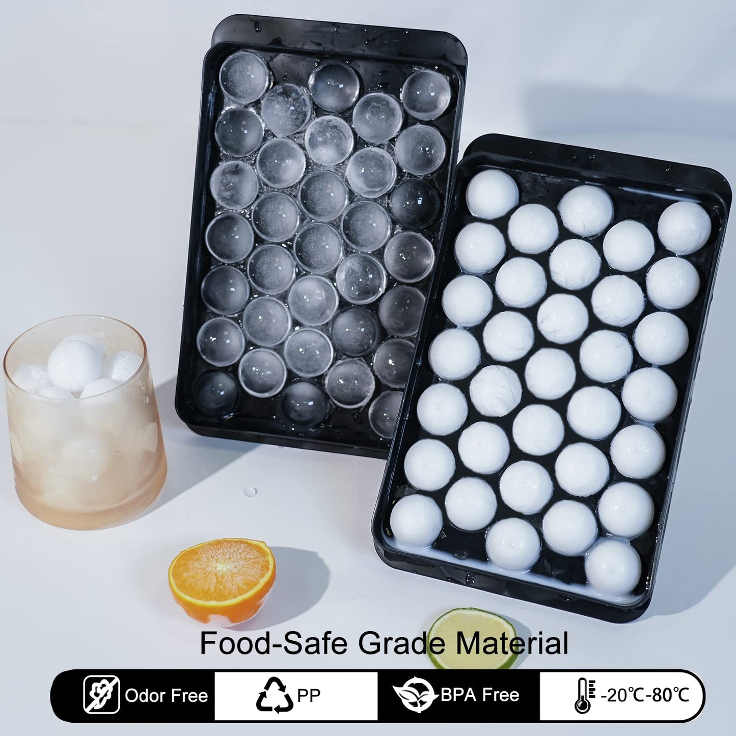 WIBIMEN Ice Cube Tray for Freezer with Lid & Bin, 1"x66 Round Ice Cube Mold with Container, Small Circle Ice Cube Tray Making Sphere Ice Chilling Cocktail Tea Coffee (2 Trays 1 Ice Bucket & Scoop)