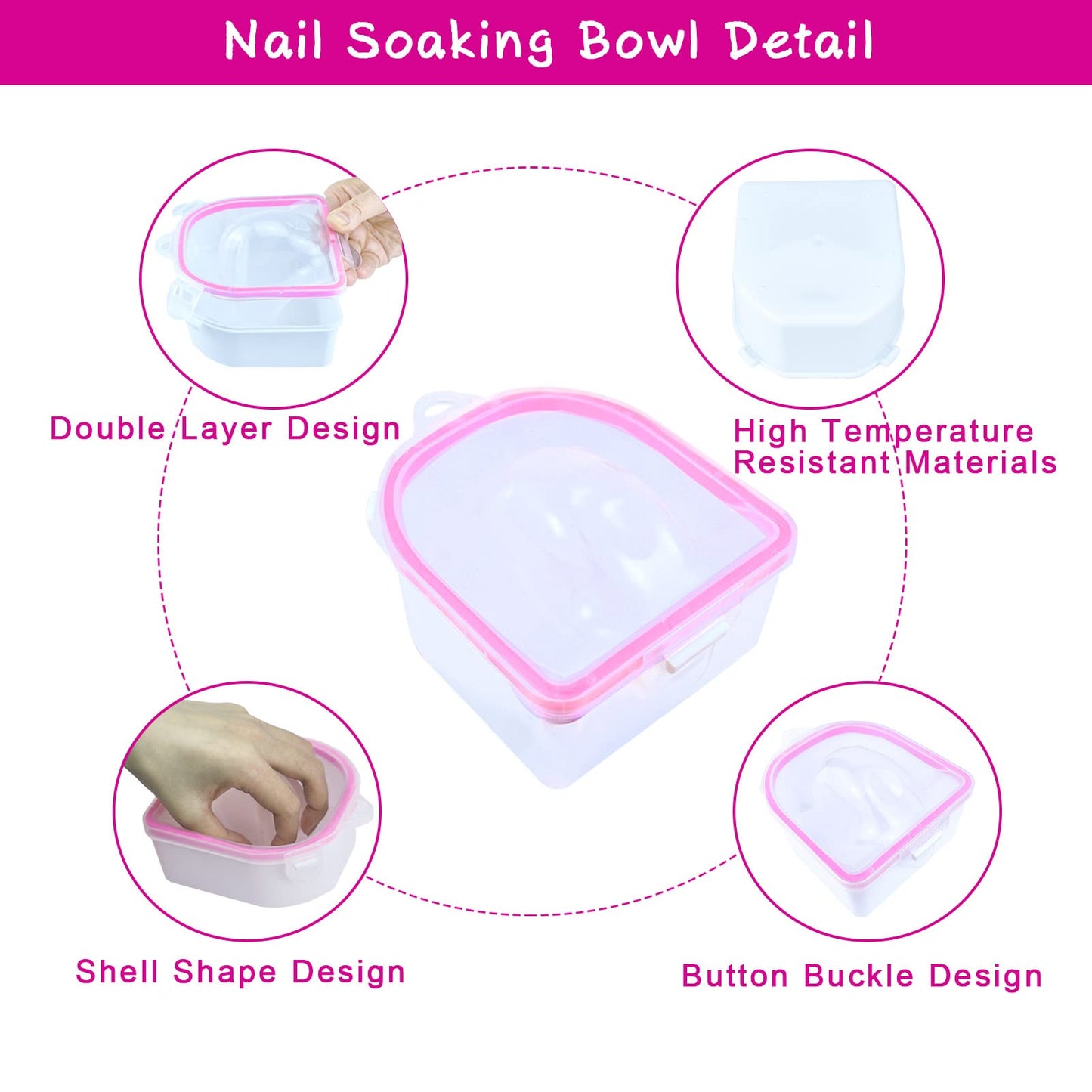 6 in 1 Nail Soaking Bowl, Professional Soak Off Gel Polish Remover Bowl Manicure Bowl for Acrylic Nails with Cuticle Peeler Cuticle Pusher Nail Files for Salon Home Nail Art (pink)