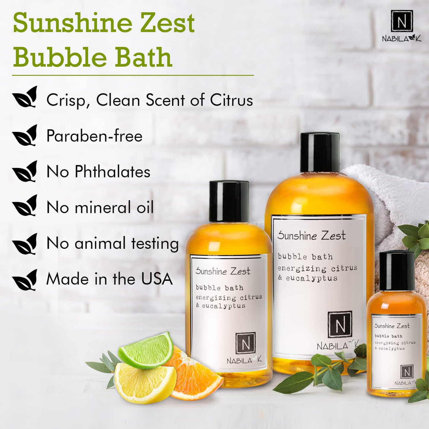 Sunshine Zest Bubble Bath with Citrus & Eucalyptus Scent by Nabila K - Essential Oils with Natural Ingredients for Sensitive Skin, Tear-Free, Gentle, Moisturizing - Luxury for Women & Men, 8 oz