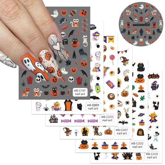 6 Sheets Halloween Cute Nail Art Stickers Decals 3D Self-Adhesive Pegatinas Uñas Cute Pumpkin Nail Decals Cat Bat Skull Spider Web Candy Designs Nail Decorations DIY Manicure Supplies for Women