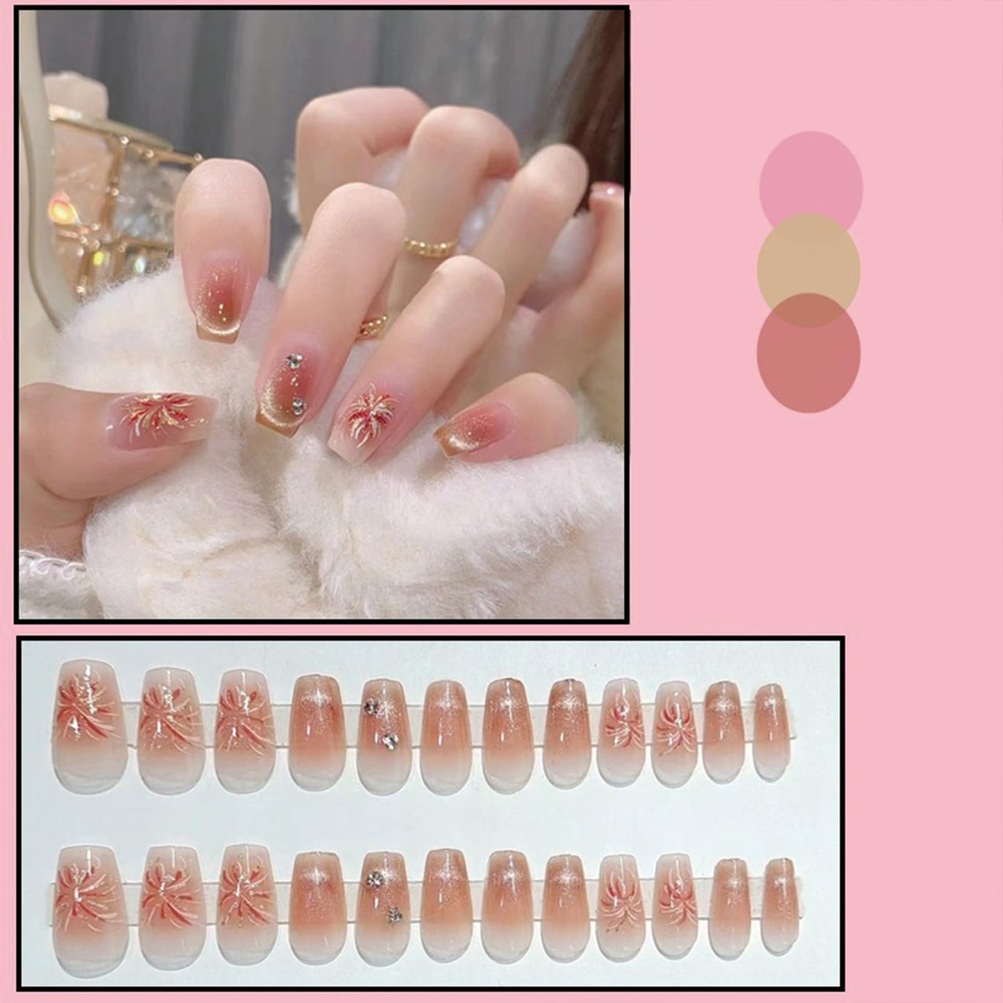 SINHOT Coffin Press on Nails Medium Ballerina Fake Nails Glossy Glue on Nails Pink Cat Eye Acrylic Nails Gold Glitter Arificial Nails Stick on False Nails with Fireworks Design 24 pcs