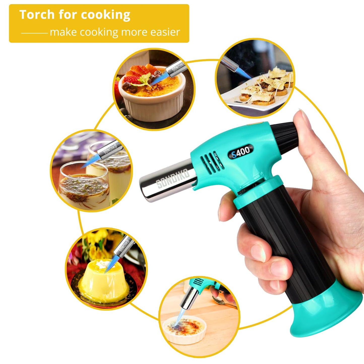 Sondiko S400 Butane Torch, Refillable Kitchen Lighter, Cyan & Black, Fits All Butane Tanks, Adjustable Flame for Creme Brulee & Baking—Butane Gas Is Not Included