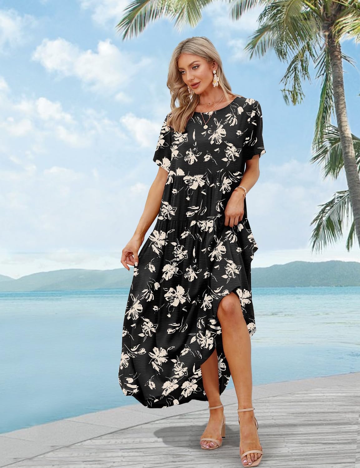 YESNO Women Casual Loose Bohemian Floral Dress with Pockets Short Sleeve Long Maxi Summer Beach Swing Dress S EJF CR346