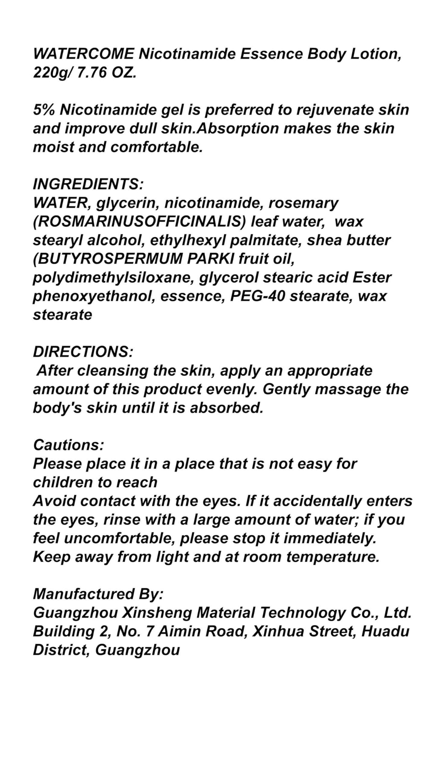 1 PC Watercome Perfumed Nicotinamide Even Skin Complexion Silky Essence Body Lotion, Smoothing Softening Skin, Leaving Smooth And Moist Skin For You, 220g. (W tea)