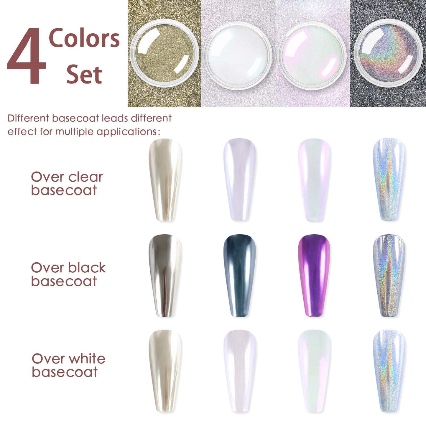 Allstarry Chrome Nail Powder 4pcs White Pearl Chrome Pigment Powder Iridescent Holographic Nail Glitter Dust Metallic Mirror Effect Pigment for Nail Gel Manicure DIY at Home Salon Women Gifts