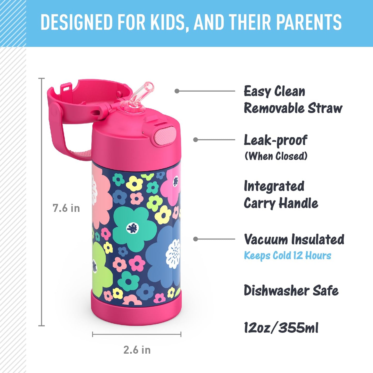 THERMOS FUNTAINER Water Bottle with Straw - 12 Ounce, Mod Flowers - Kids Stainless Steel Vacuum Insulated Water Bottle with Lid