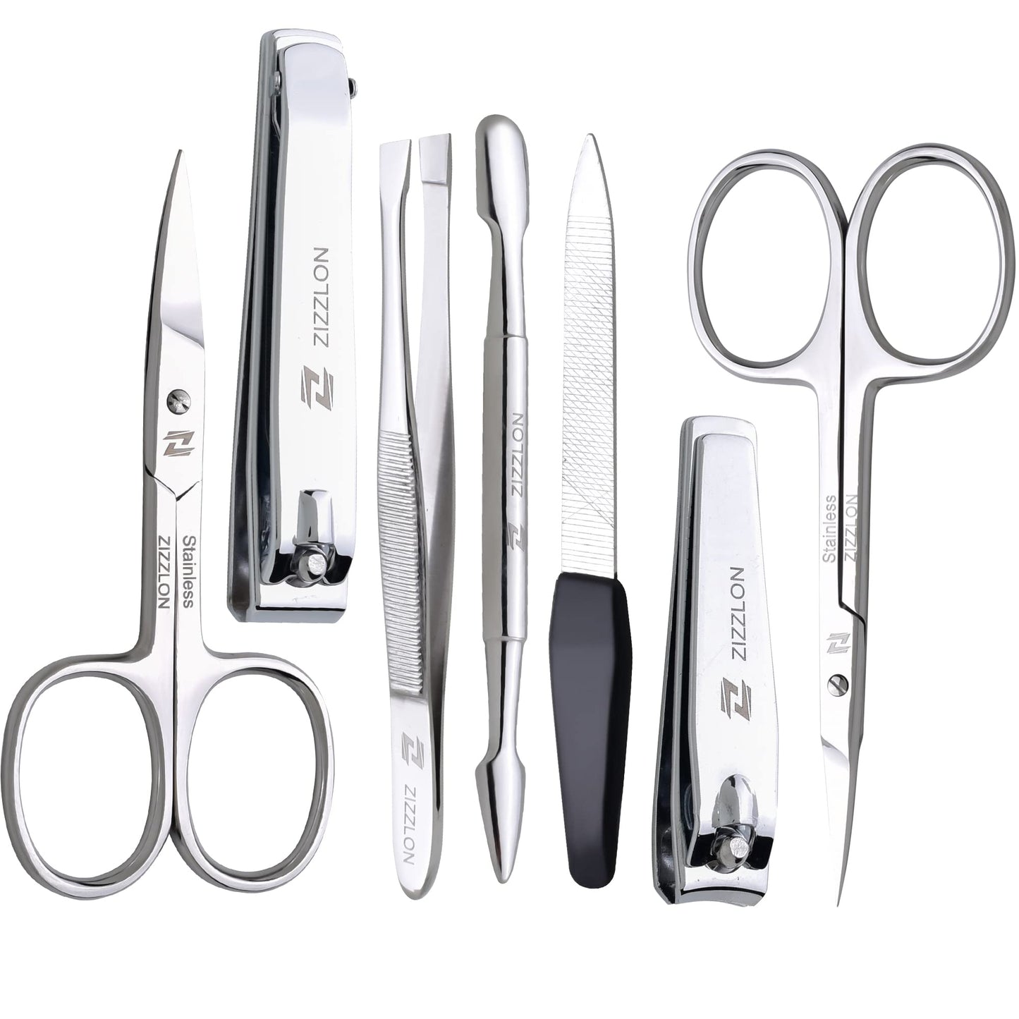 ZIZZLON Manicure Set - Cuticle Scissors, Nail and Eyebrow Scissors, Nail Clippers, Cuticle Pusher, Nail File, Eyebrow Tweezers - Professional Mens Grooming Kit (7 in 1)