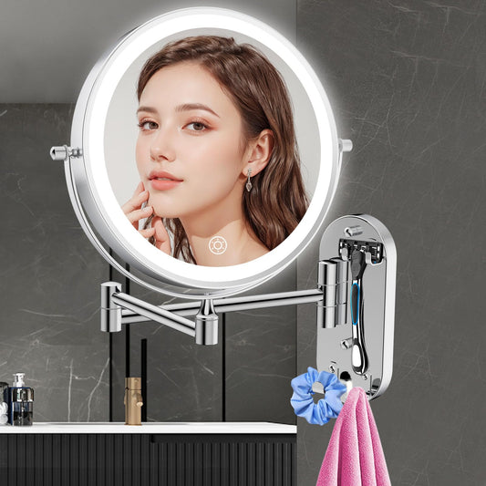 FUNTOUCH Wall Mounted Lighted Makeup Mirror, Rechargeable 8" Double-Sided LED Make up Mirror 1X/10X Magnification, 3 Color Lights Dimmable 360° Rotation Wall Mount Mirror with Extension Arm and Hooks