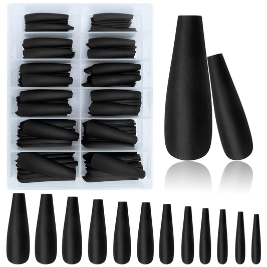 AddFavor XXL Extra Long Press on Nails Coffin Matte Fake Nails Full Cover Acrylic False Nails 12 Sizes 120pcs Black Nail Tips for Women Fingernails Manicure Design