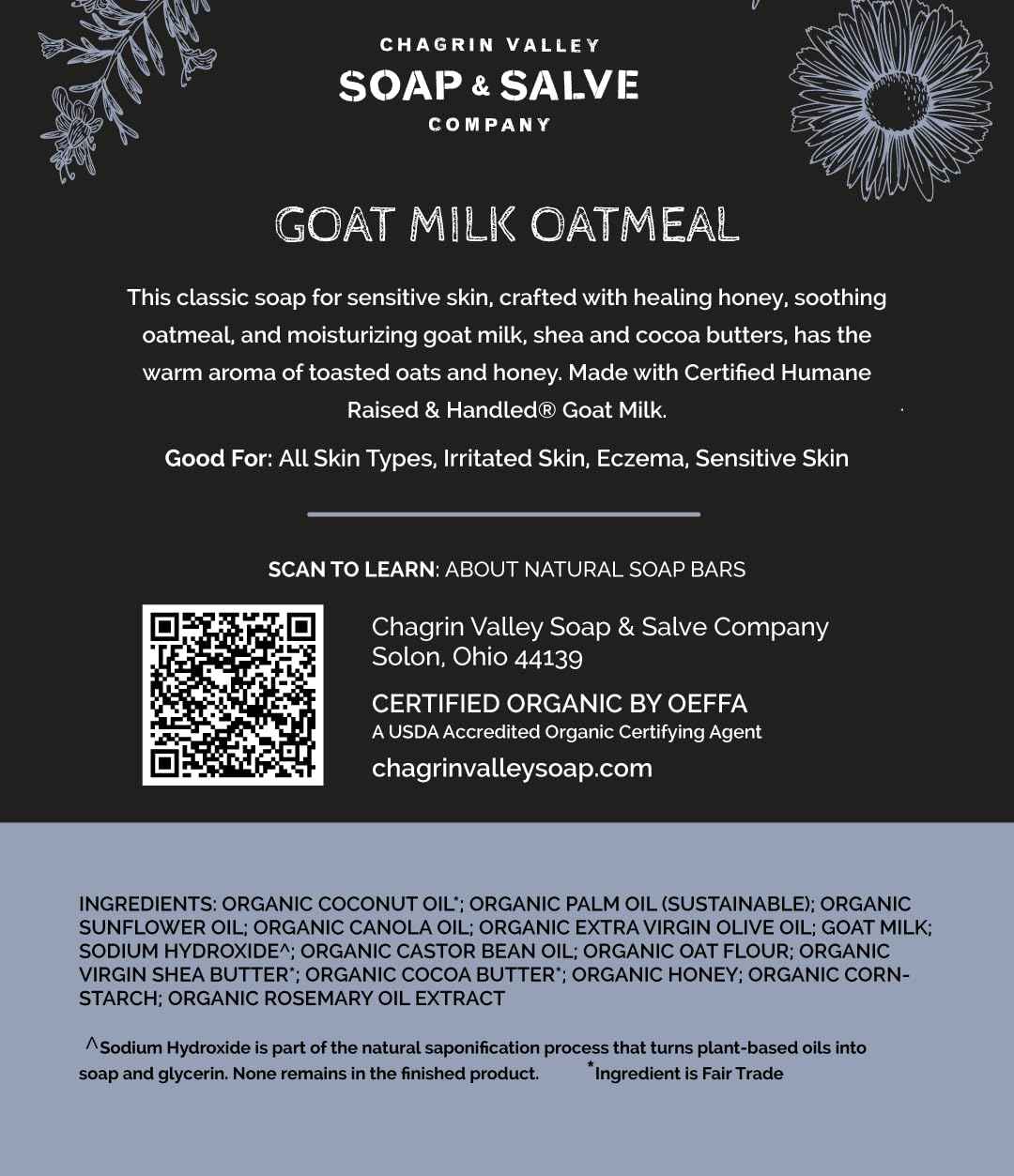 Chagrin Valley Soap & Salve Oatmeal, Honey and Fresh Goat Milk Soap Bar - For Dry Skin and Itchy Skin Relief - Organic, Cleansing Milk and Honey Unscented Bar Soap For Women and Men, Large 5.6 oz 3PK