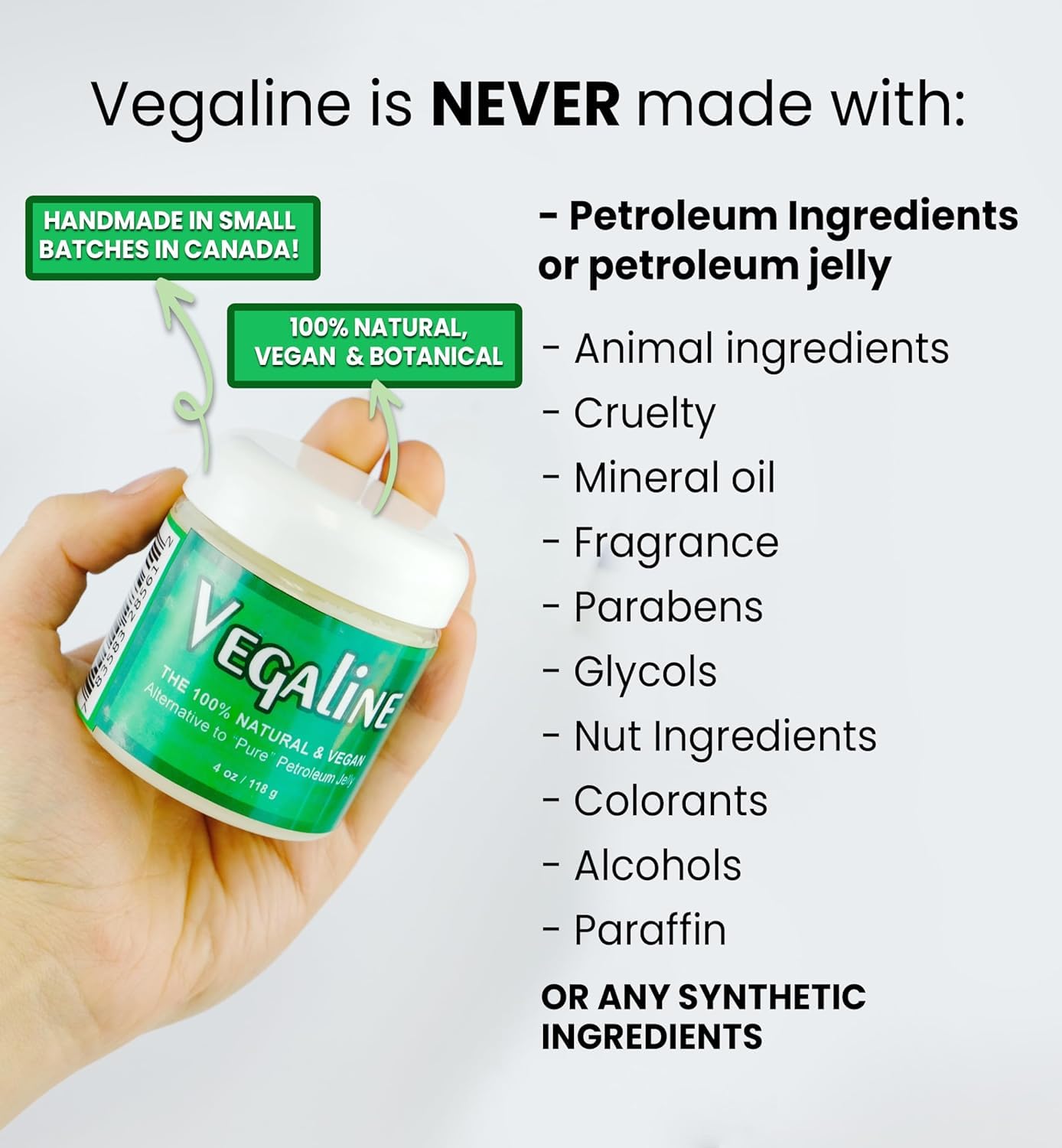 Vegaline - 100% Natural, Vegan & Hypoallergenic Alternative to Petroleum Jelly - Lips, Hands, Baby, Makeup Remover and More (4 oz)