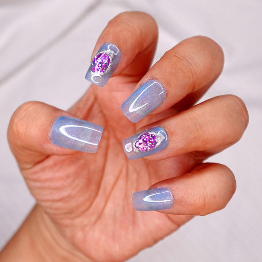 10 Pcs Handmade Press on Nails (X-Small, Quad Lake - Jelly Baby Blue Frost and Purple Gem Design/Short Square) A121XS