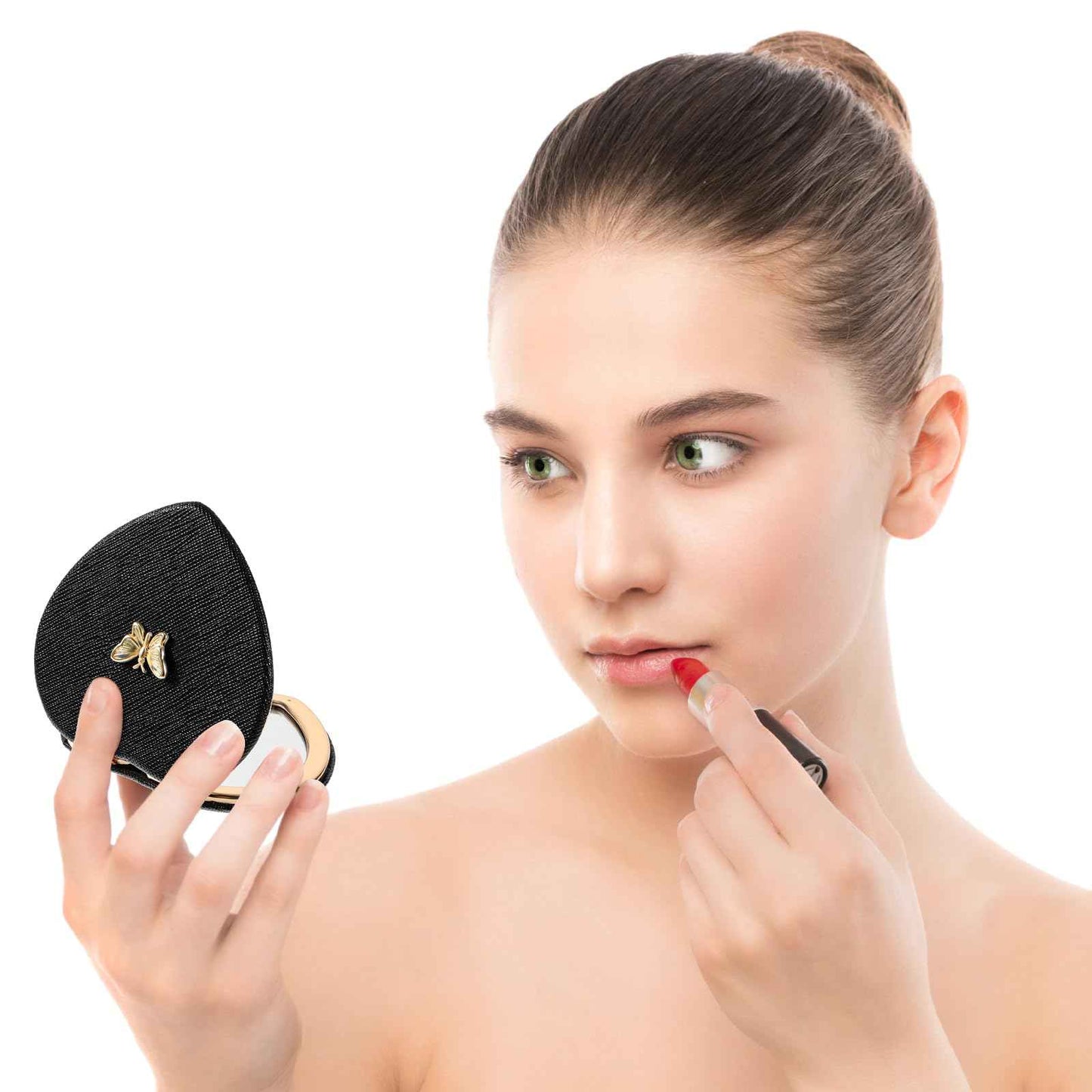 Qianyu Heart Shaped Double-Sided 1X/2X Magnifying Mirror, Compact Folding PU Leather Makeup Mirror, Ultra-Portable for Women Home Office Travel