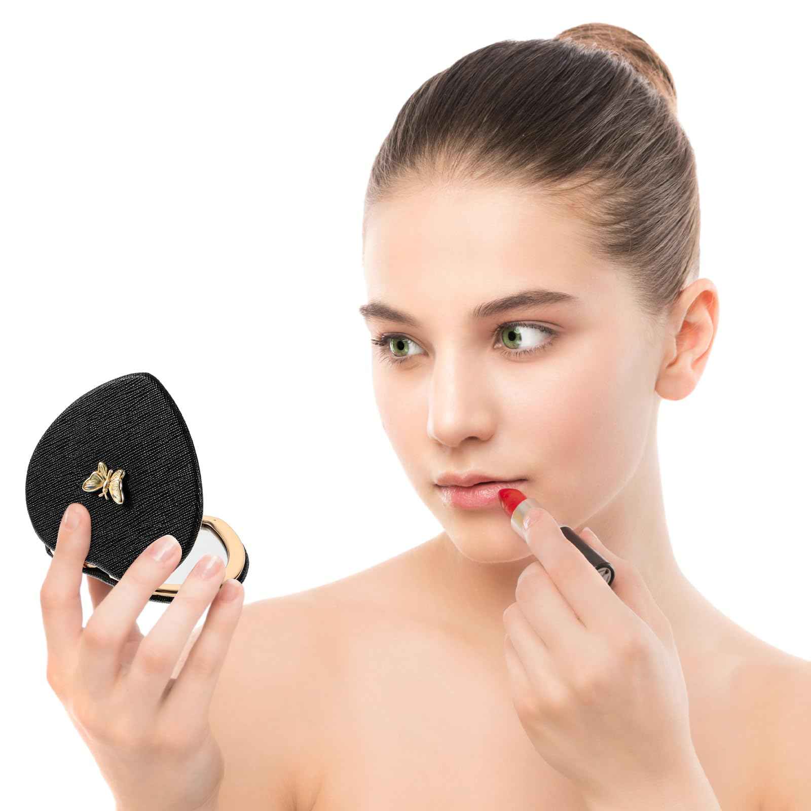 Qianyu Heart Shaped Double-Sided 1X/2X Magnifying Mirror, Compact Folding PU Leather Makeup Mirror, Ultra-Portable for Women Home Office Travel