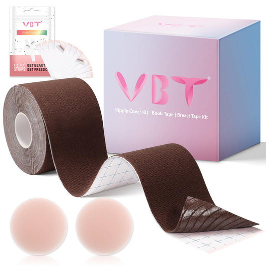 VBT Boob Tape - Breast Lift Tape, Body Tape for Breast Lift w 2 Pcs Silicone Breast Reusable Adhesive Bra, Bob Tape for Large Breasts A-G Cup, Brown