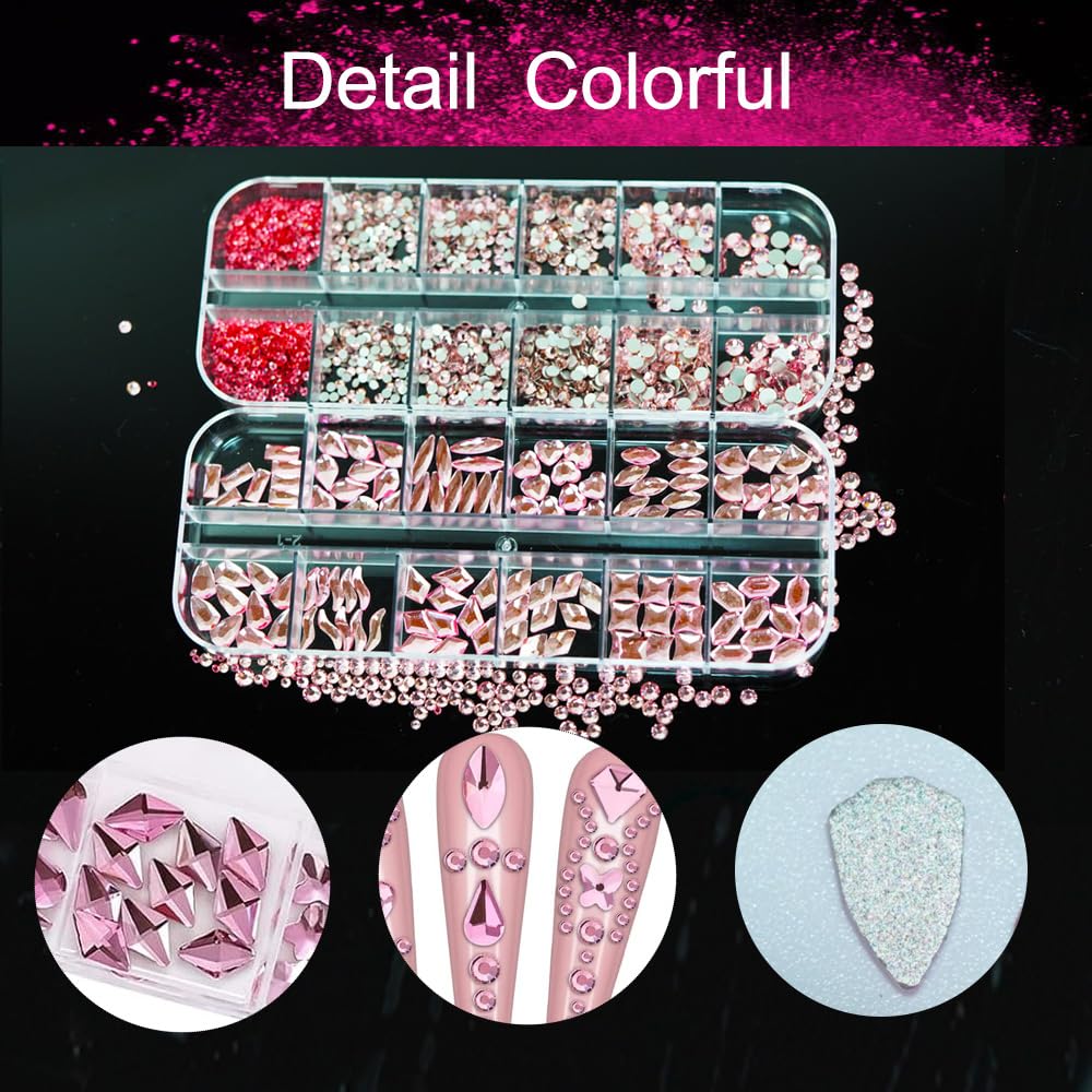 2680Pcs Pink Rhinestones Nail Gems, 120pcs Big Pink Nails Charms with Pink Bling Flatback Round Beads, Light Pink Clear Diamond Stones Jewelry Supplies for DIY Face Eyes Makeup Crafts Decoration