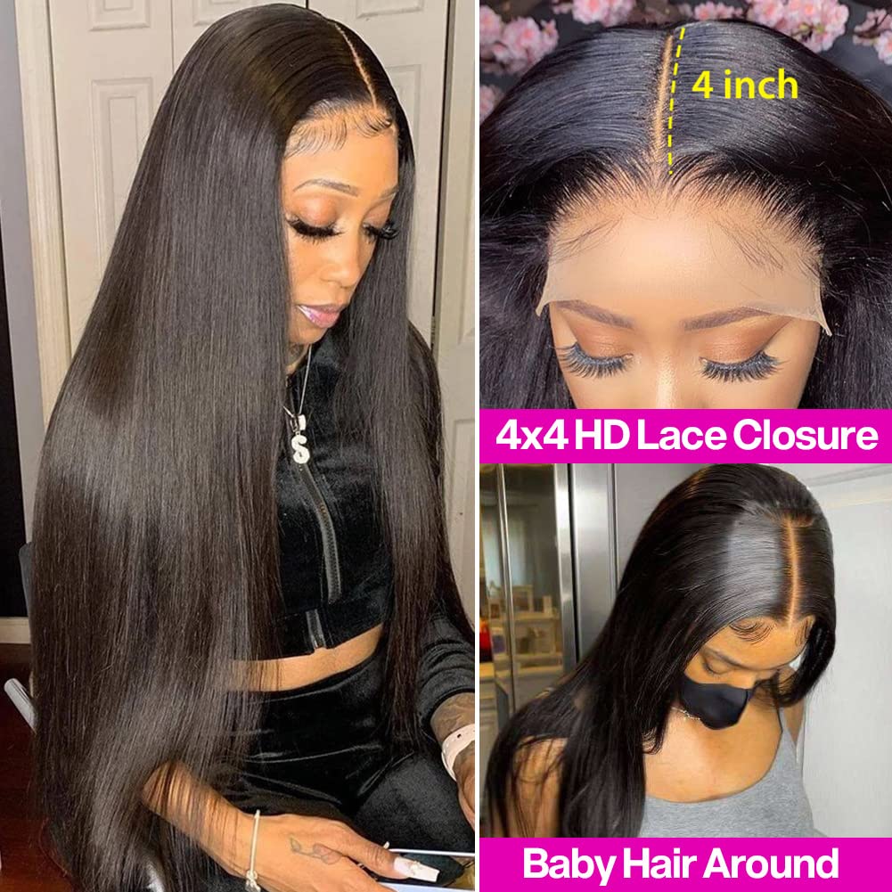 Lakin Glueless HD Lace Front Wigs Human Hair Pre Plucked Bleached Knots with Baby Hair 180 Density 4x4 Straight Lace Closure Wigs for Black Women Natural Black Color