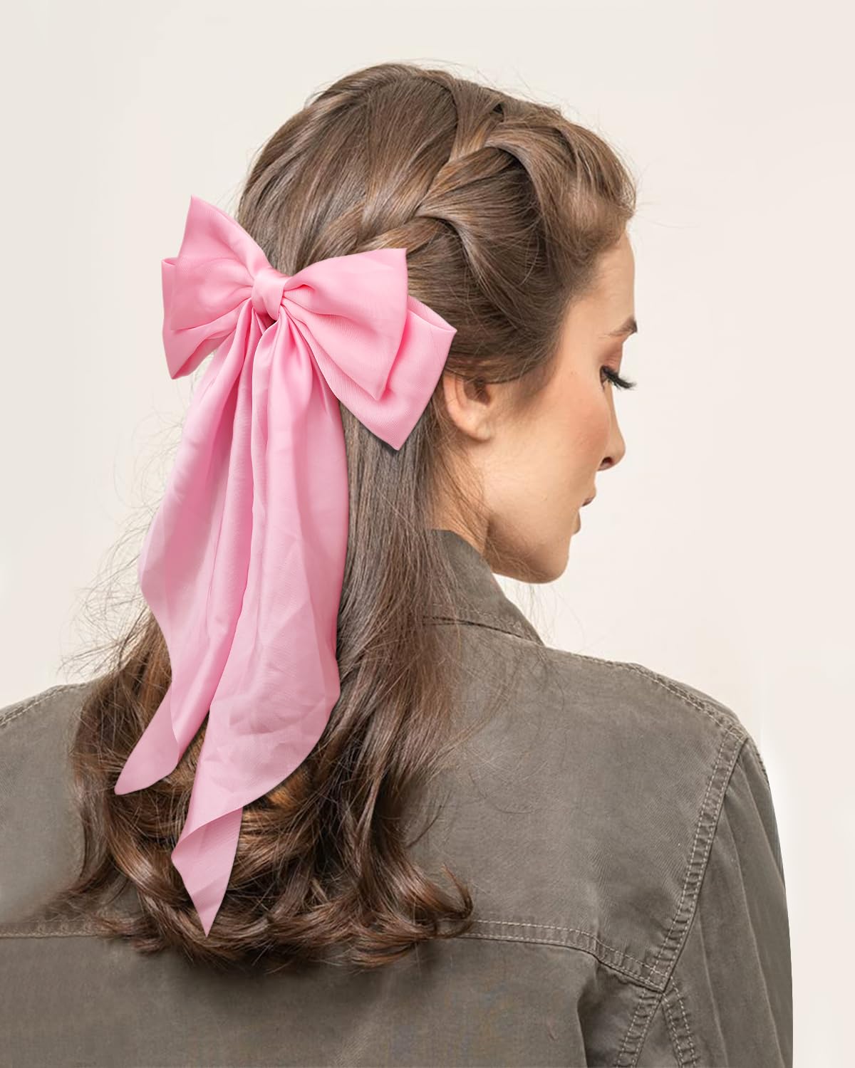 Large Hair Bows for Women Girl 2PCS Pink Satin Hair Bow Oversized Long Tail Olive Green Big Hair Bow Hair Clips Hair Accessories