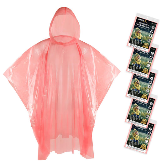 APEXUP Emergency Disposable Rain Ponchos for Adults for Camping Hiking Travelling,Red (5 Pack)