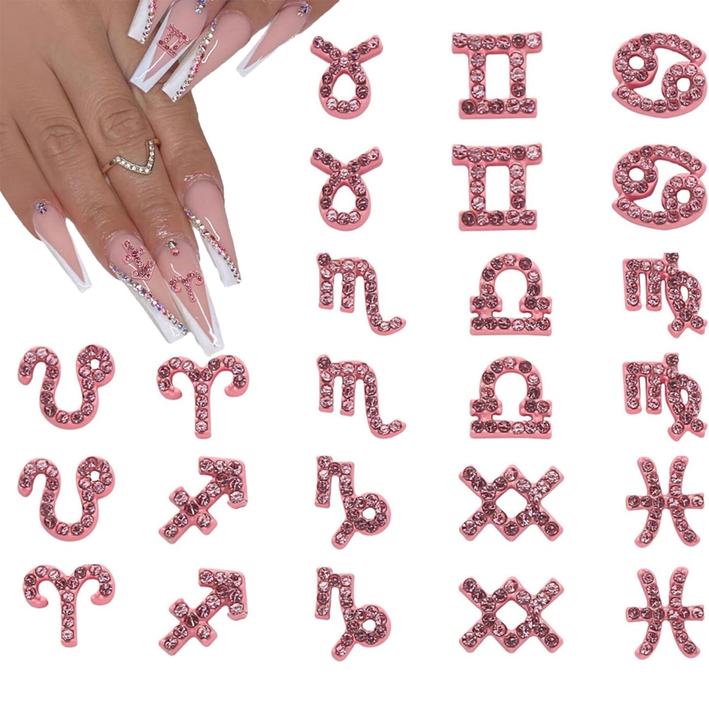 AZPEPSI 24Pcs 12Constellation Nail Charms Pink Alloy Zodiac Sign Charms for Acrylic Nails 3D Rhinestone Jewelry Nail Charms for Women Girls DIY Manicure Designs Nail Accessories Decorations Crafts