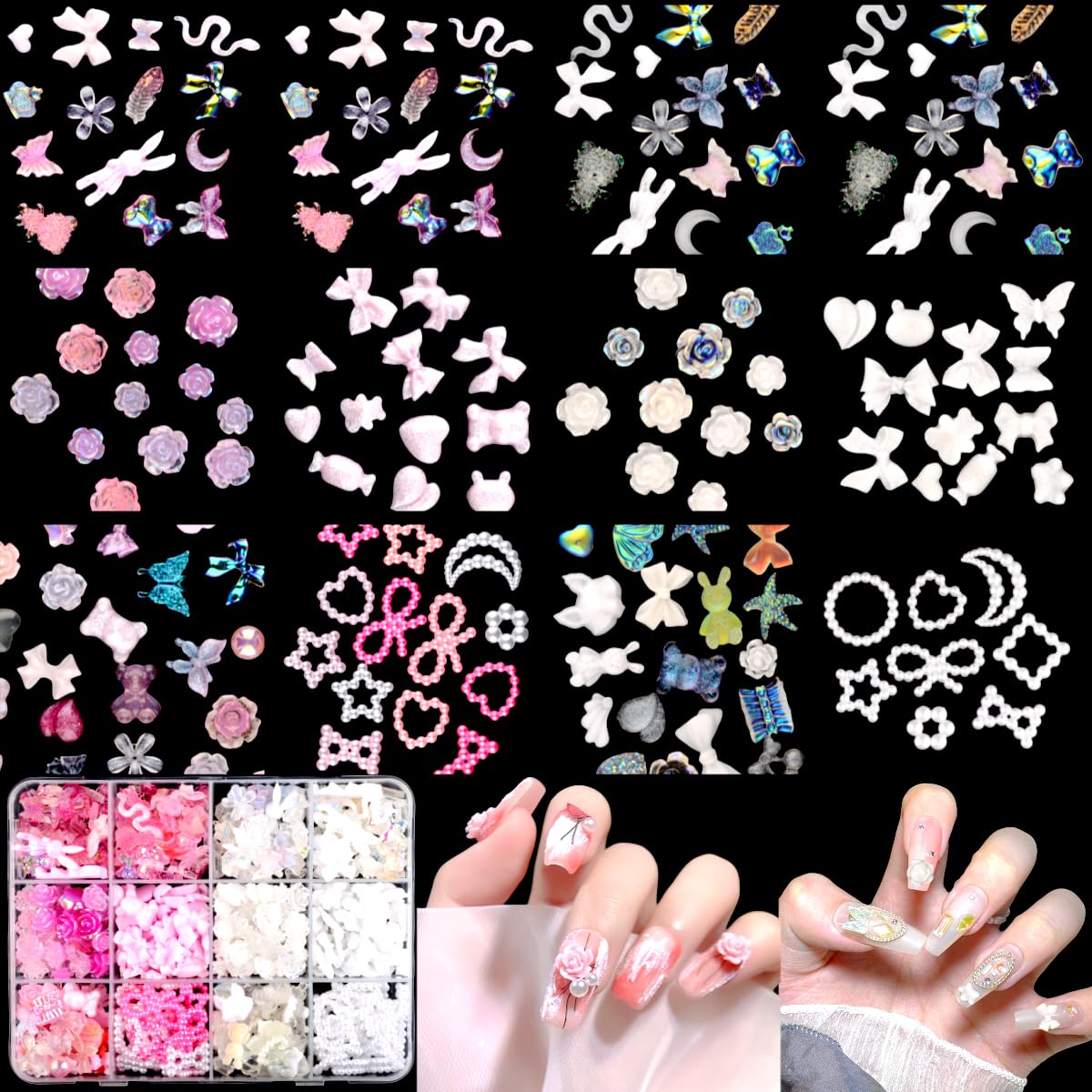 Umillars 460pcs 3D Resin Nail Art Charms with 950pcs Special Shape Nail Rhinestones Flatback Rhinestones Nail Art Slices Acrylic Hollow Beads Nail Art Sequins Mini Flowers for Nail Art Designs Craft